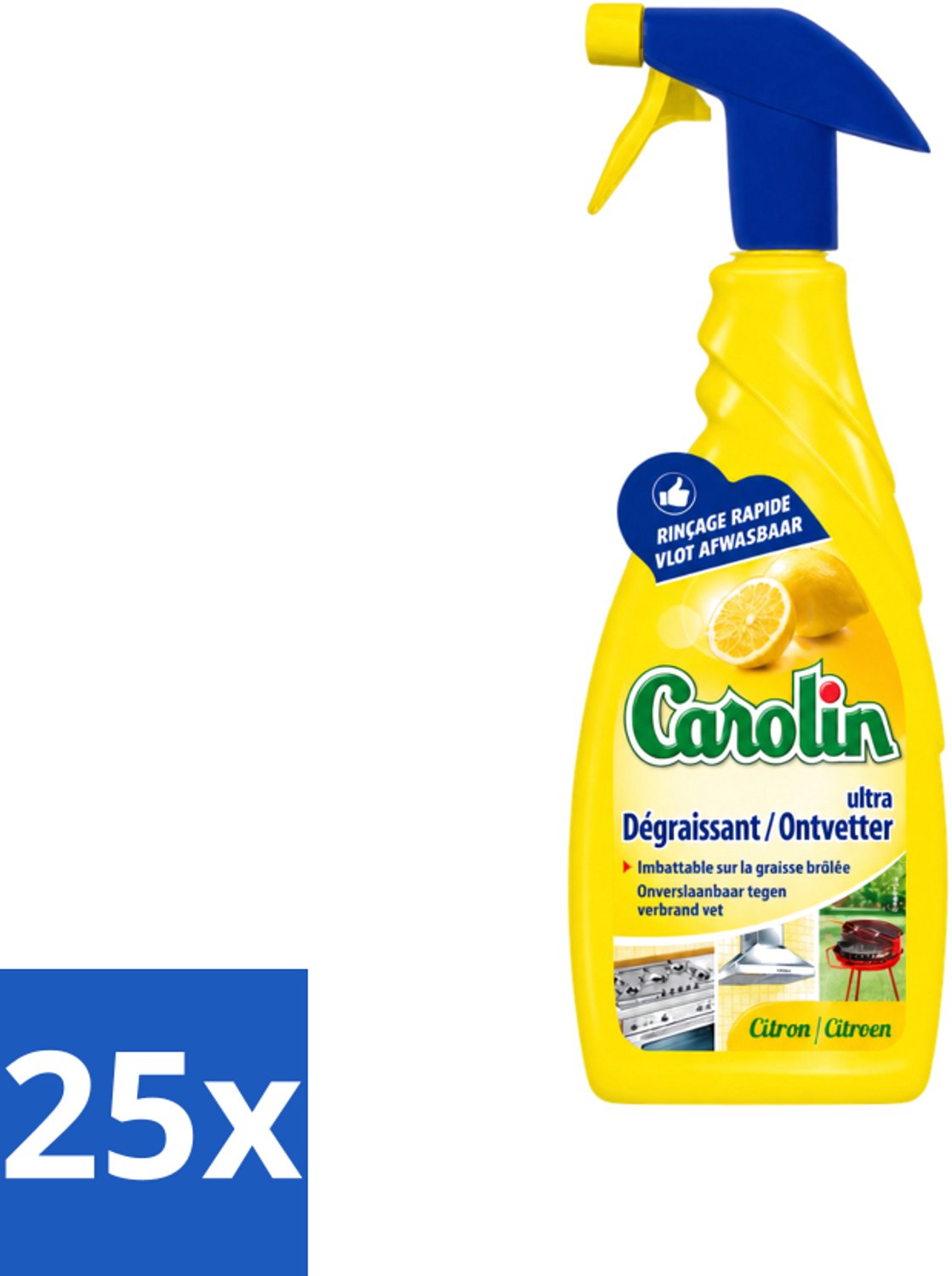 25 x Carolin - Keukenreiniger - Spray Ultra Ontvetter Citroen - 650 ml - Voordeelverpakking - 25 stuks