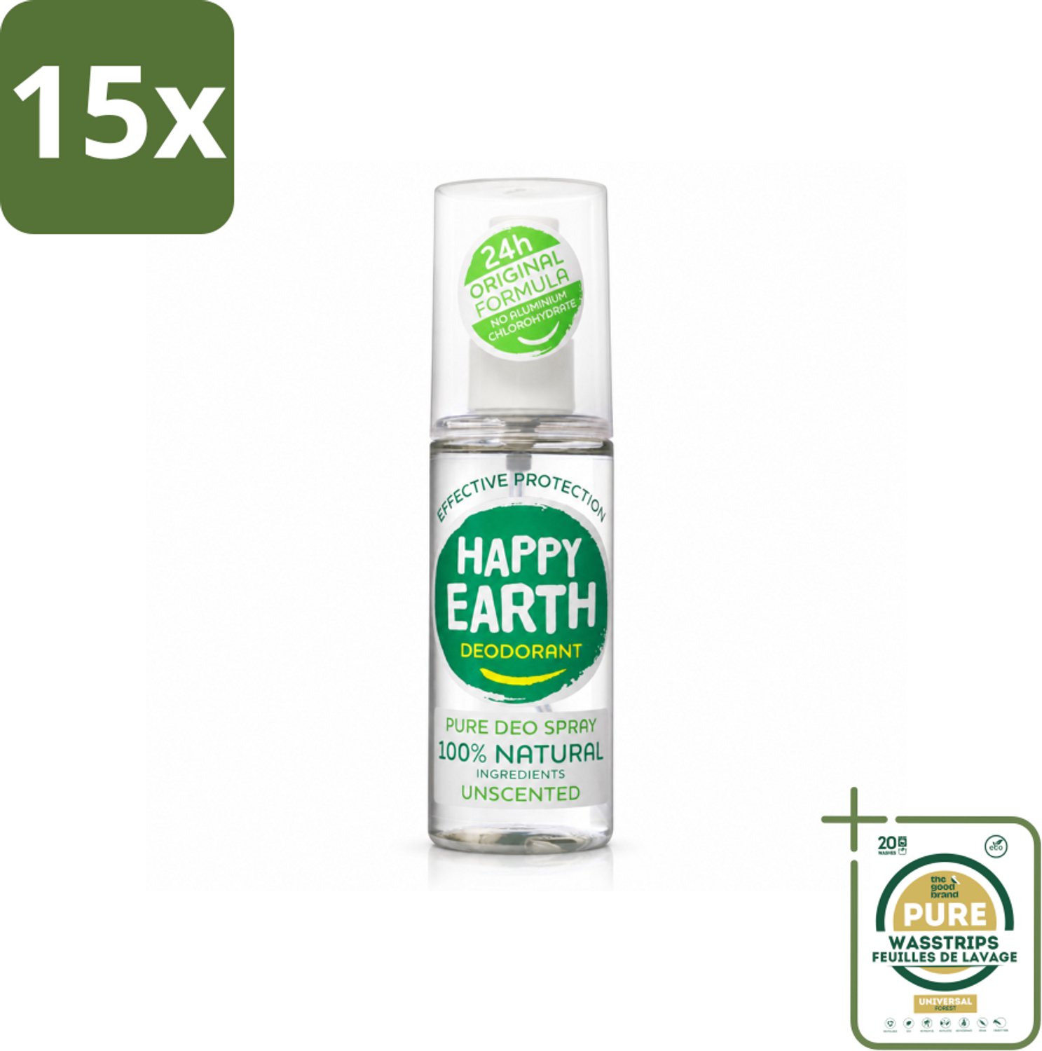 15 x Happy Earth – Deodorant Spray – 100% Natuurlijk Unscented – 100 ml - Wasstrips - Geurloze Deodorant - Hypoallergene Deodorant - Natuurlijke Deodorant - Deodorant Spray - 100% Natuurlijk