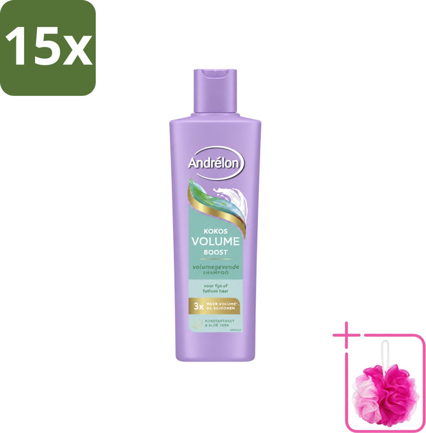 15 x Andrélon – Shampoo – Volume Boost – 250 ml - Bulkverpakking - Haar volume - Douchemop - Kokos shampoo
