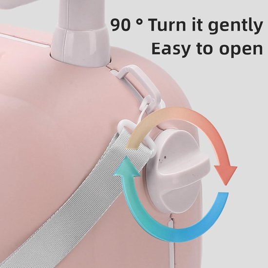 Close-up van het draaimechanisme van een roze kinder koffer. Tekst: '90° Draai het zachtjes' en 'Makkelijk te openen'.