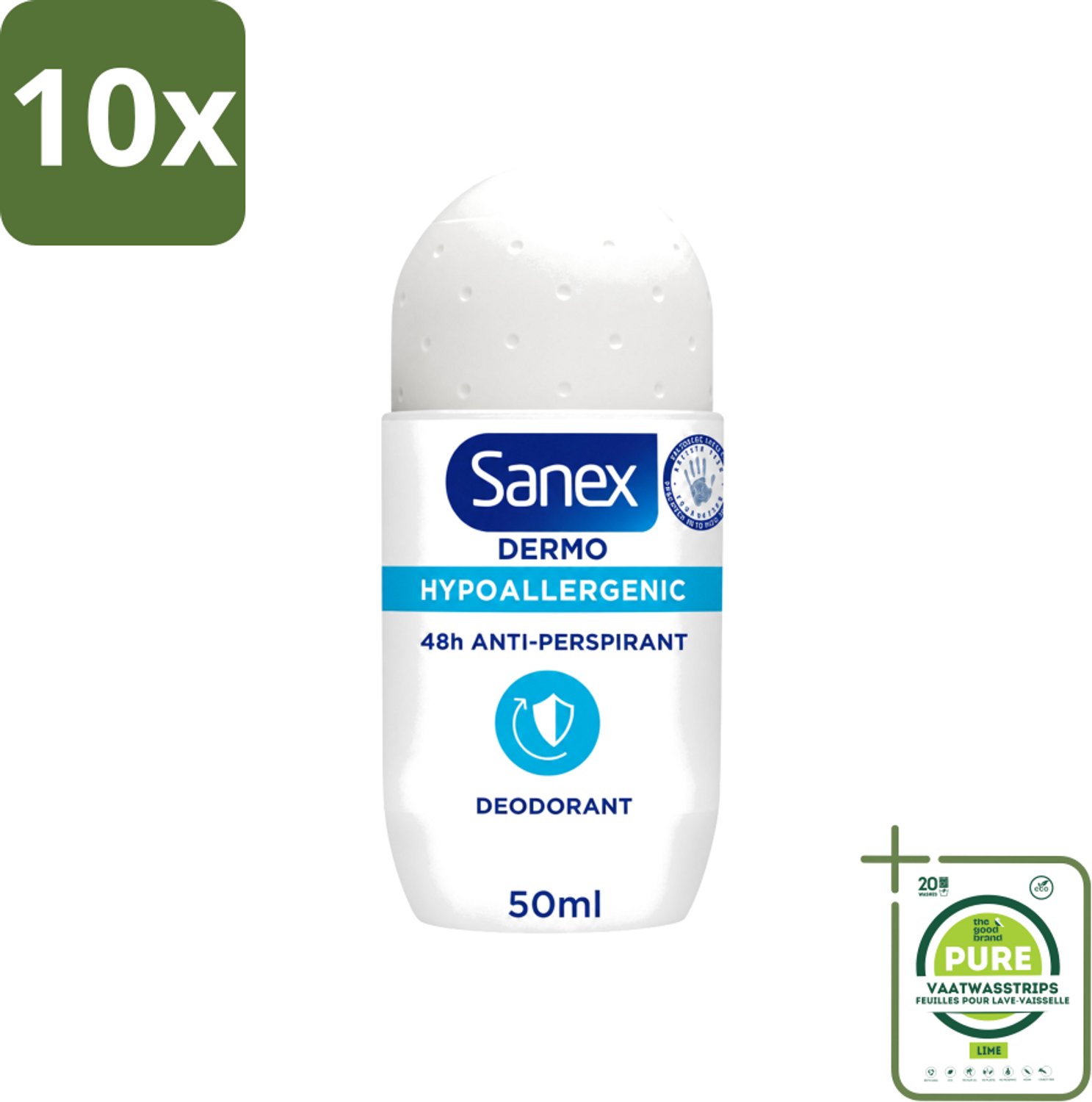 10 x Sanex Dermo - Deodorant Roller - Hypoallergeen - 48h Anti-Transpirant - 50 ml - Grootverpakking - Vaatwasstrips - Deodorant Roller - Hypoallergeen Deodorant - 48h Bescherming - Transpiratie Bescherming - Lichaamsgeur Bestrijding