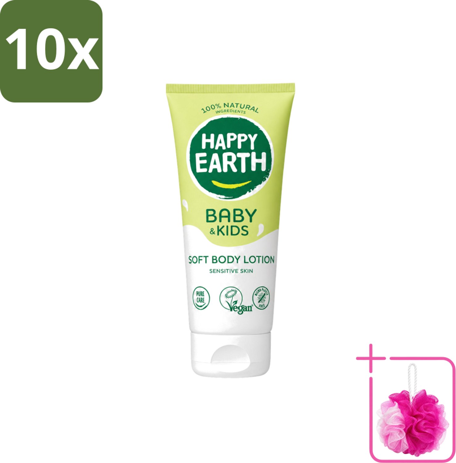 10 x Happy Earth – Bodylotion – 100% Natuurlijk Baby & Kids – 200 ml - Bulkverpakking - Babylotion - Douchemop - Kinderhuid