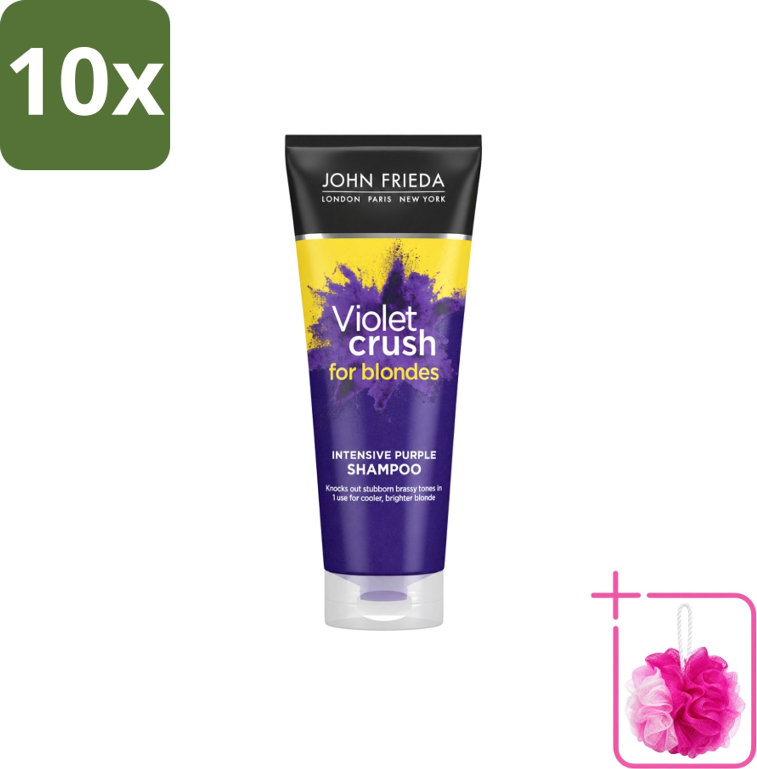 10 x John Frieda – Shampoo – Sheer Blonde Violet Crush Intensive Purple – Tegen gele ondertonen – 250 ml - Bulkverpakking - Gele en oranje tonen neutraliseren - Douchemop - Zilvershampoo