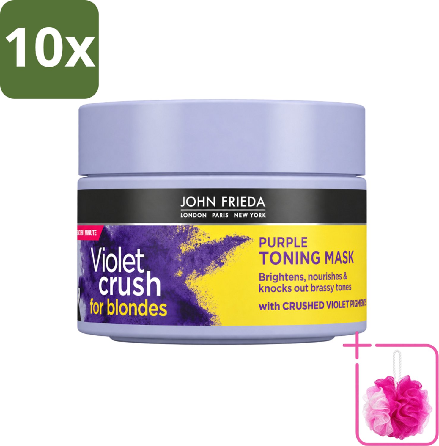10 x John Frieda – Haarmasker – Violet Crush Purple Toning – Neutraliseert gele tonen – 250 ml - Bulkverpakking - Gele tonen neutraliseren - Douchemop - Koele blonde tint