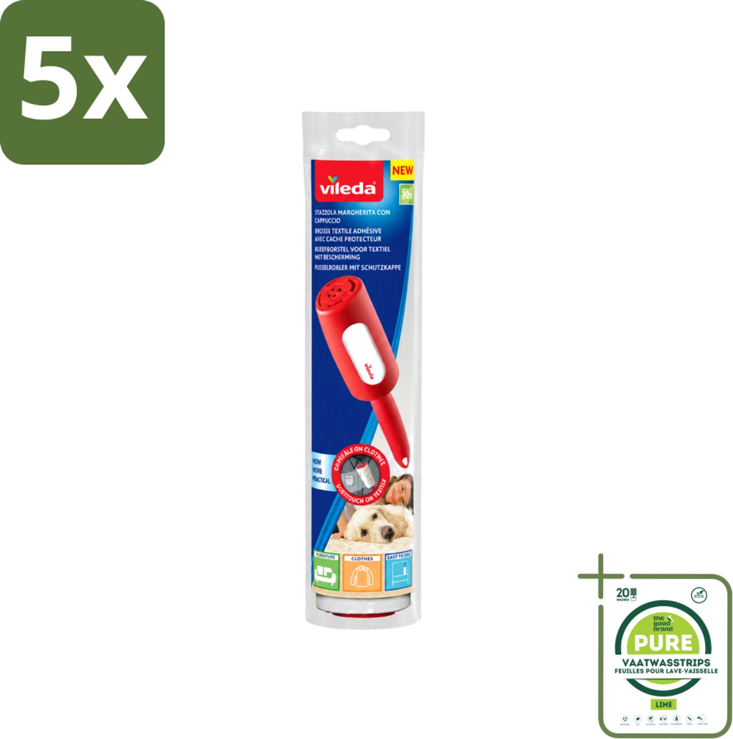 5 x Vileda - Lintroller - Pluisverwijderaar - Inclusief Beschermkap - 30 Vellen - Grootverpakking - Vaatwasstrips - Pluisverwijderaar - Pluisjes Verwijderen - Stofdeeltjes Verwijderen - Haren Verwijderen - Textiel Reinigen