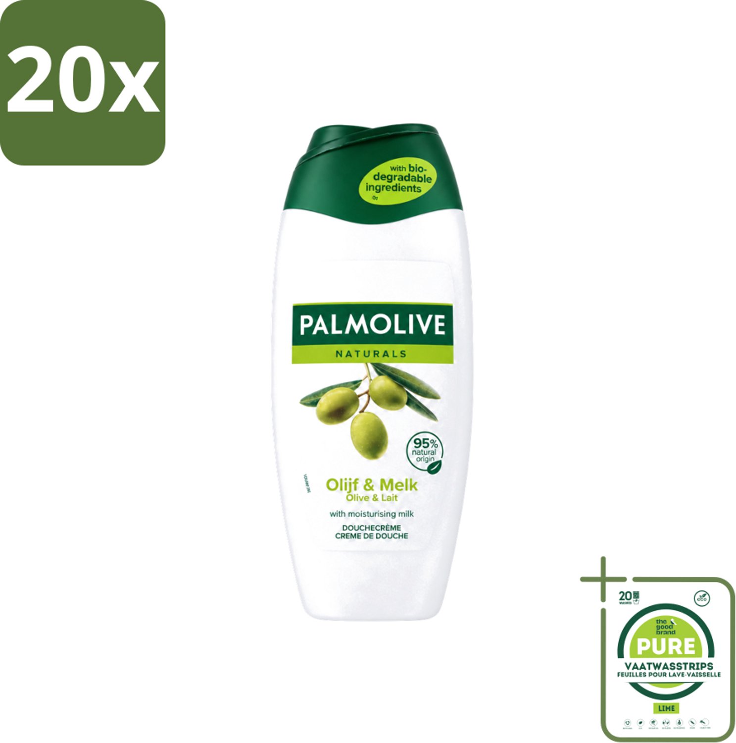 20 x Palmolive - Naturals - Douchecréme - Olijf & Melk - Natuurlijke ingrediënten - 250 ml - Grootverpakking - Vaatwasstrips - Douchecrème - Olijf En Melk - Natuurlijke Ingrediënten - Hydratatie - Huid Verzorging