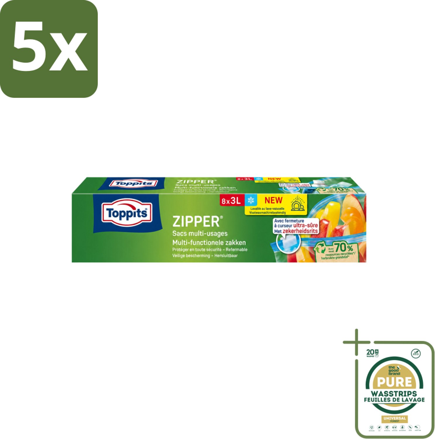 5 x Toppits – Zipper Multifunctionele Zakken – 3 Liter – 8 Zakjes - Wasstrips - Zipper Zakken - Lekvrij - Herbruikbaar - Marineren - Bewaren