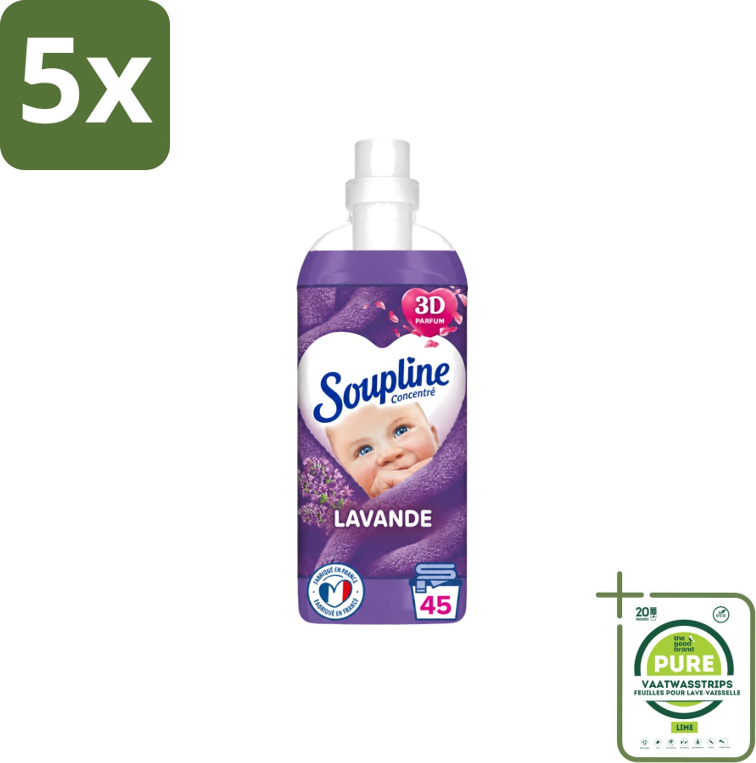 5 x Soupline - Wasverzachter - Lavendel - 45 Wasbeurten - 1L - Grootverpakking - Vaatwasstrips - Wasverzachter - Wasgoed Verzorgen - Wasresultaat - Wasmachine - Wasverzachter Lentebloesem