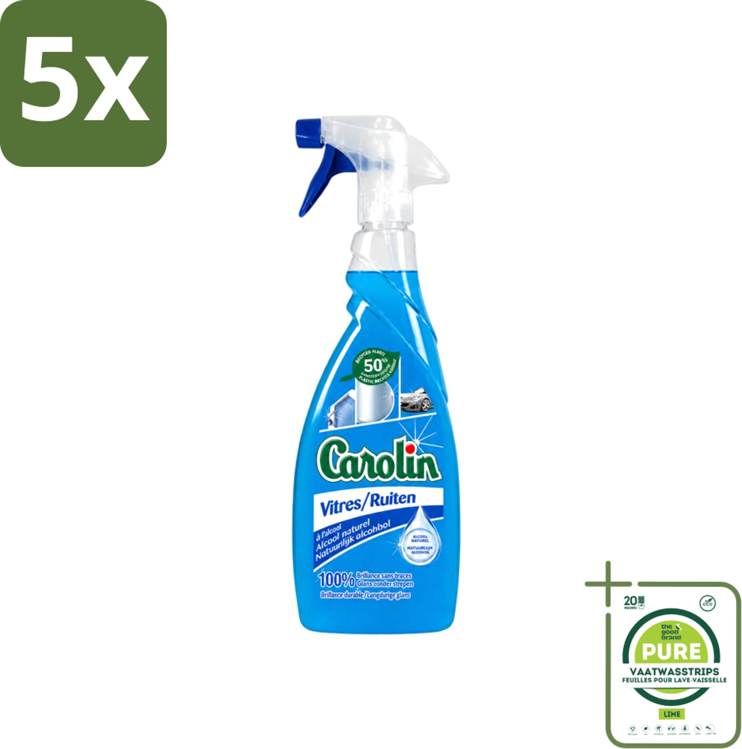 5 x Carolin - Glas- en Ruitenreiniger - Met Natuurlijke Alcohol - 650 ml - Grootverpakking - Vaatwasstrips - Glas Reiniger - Ruiten Reiniger - Natuurlijke Alcohol - Schone Ramen - Streeploze Glans