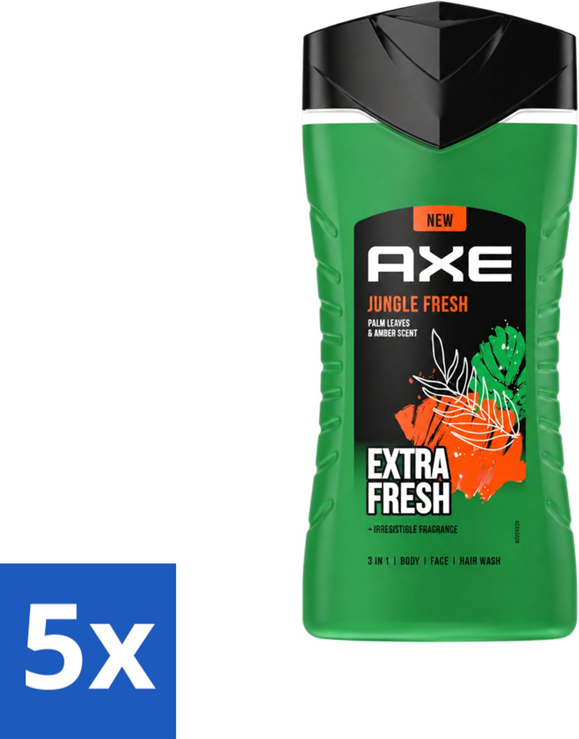 5 x Axe - 3-in-1 Douchegel - Jungle Fresh - Palm Leaves & Amber - Extra Fresh - 250 ml - Voordeelverpakking - 5 stuks