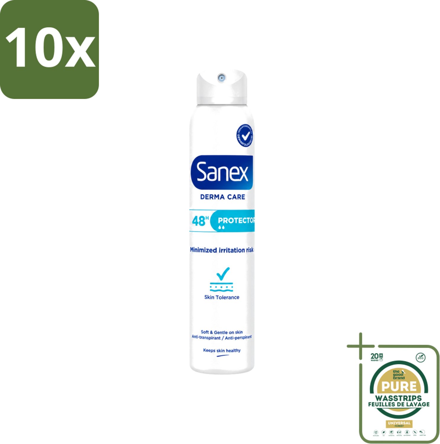 10 x Sanex – Deodorant Spray – Dermo Protector – 200 ml - Wasstrips - Anti-sweat Spray - Huidbescherming - Deodorant Spray - Hypoallergeen - Huidverzorging
