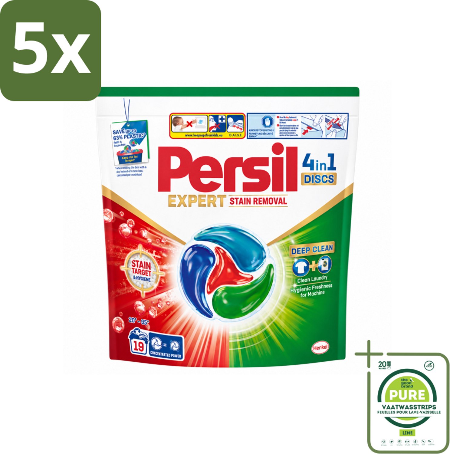 5 x Persil - Wasmiddelcapsules - Discs Stain Removal - 19 Capsules - Grootverpakking - Vaatwasstrips - Vlekverwijdering - Wasmiddel - Wasmiddelcapsules - Diepe Reiniging - Stofreiniging