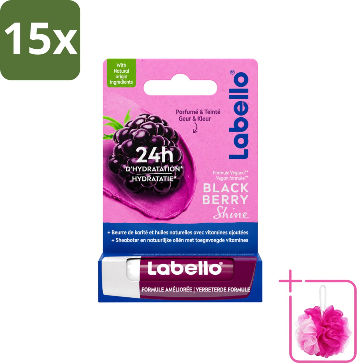 15 x Labello – Lippenbalsem – Blackberry Shine – Lippenbalsem – Shea Boter & Jojoba Olie – 5,5 ml - Bulkverpakking - Lippenbalsem - Douchemop - Hydratatie
