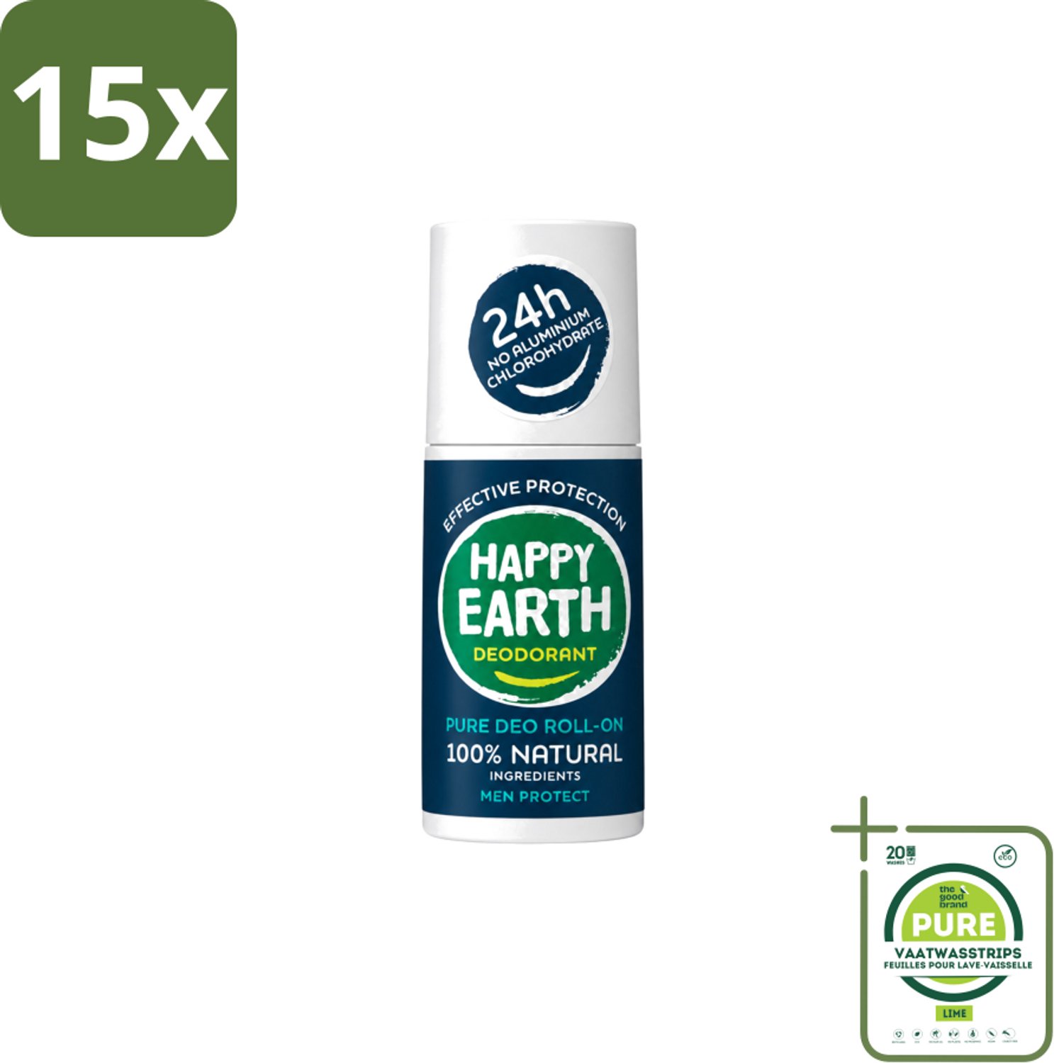 15 x Happy Earth – Deodorant Roll-On – 100% Natuurlijk Men Protect – 75 ml - Grootverpakking - Vaatwasstrips - Natuurlijke Deodorant Voor Mannen - Frisse Geur - Deodorant Zonder Aluminium - Huidvriendelijk - Vegan Deodorant