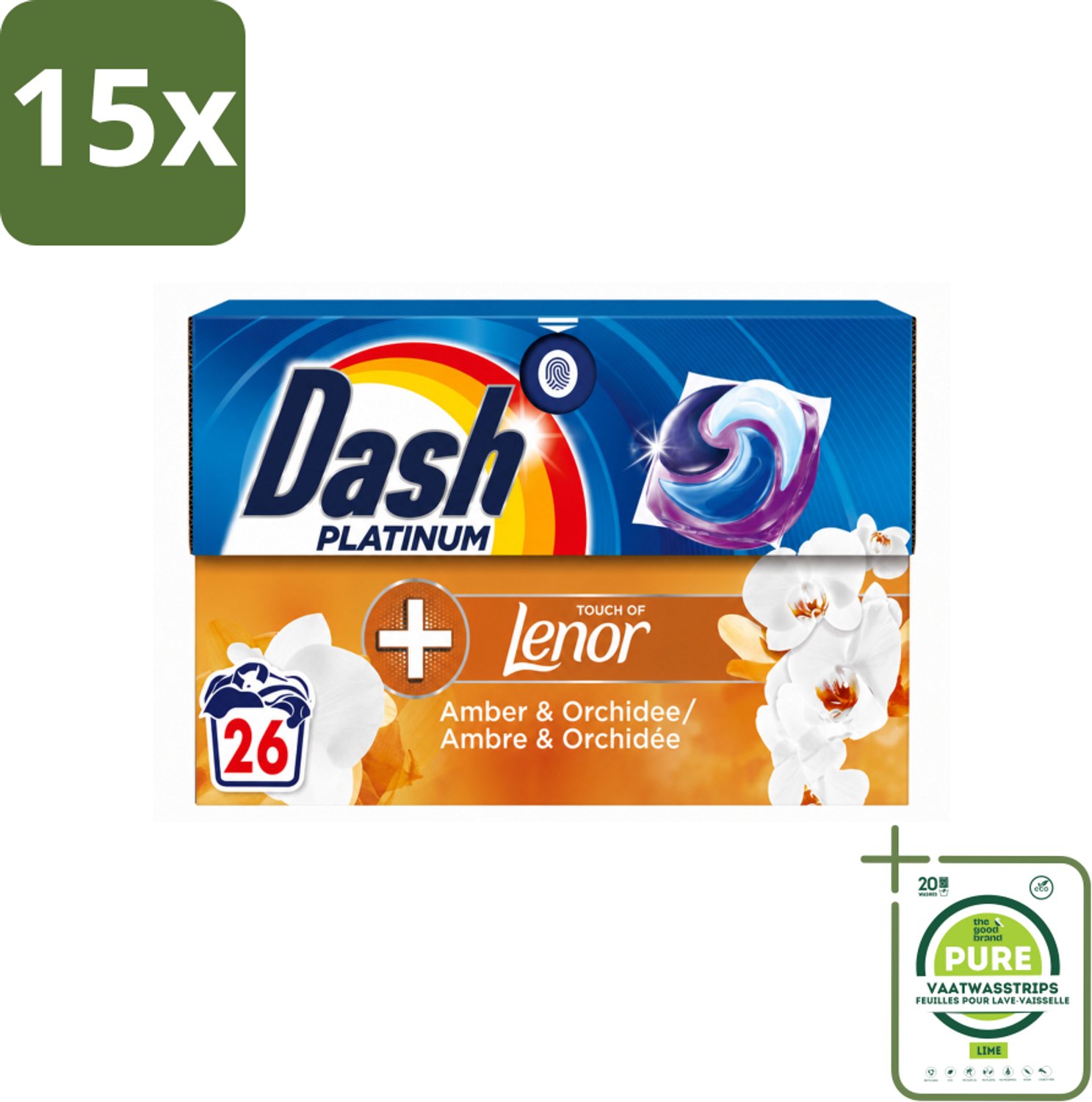 15 x Dash – Wasmiddelcapsules – 4in1 Pods Amber & Orchidee – 26 capsules - Grootverpakking - Vaatwasstrips - Wasmiddel - Waspod - Frisse Geur - Reiniging - Vlekverwijdering