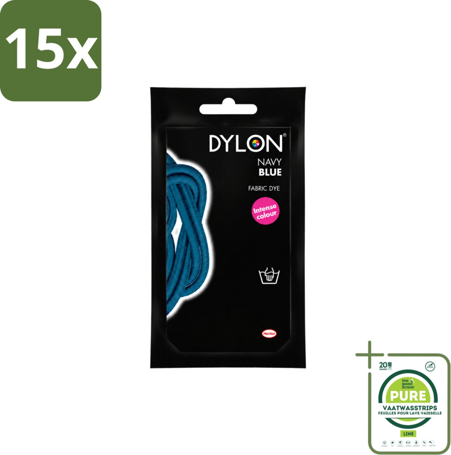 15 x DYLON – Textielverf Handwas – Navy Blue – 50 g - Grootverpakking - Vaatwasstrips - Navy Blue - Marineblauw - Textielverf - Handwas - Kleurstof