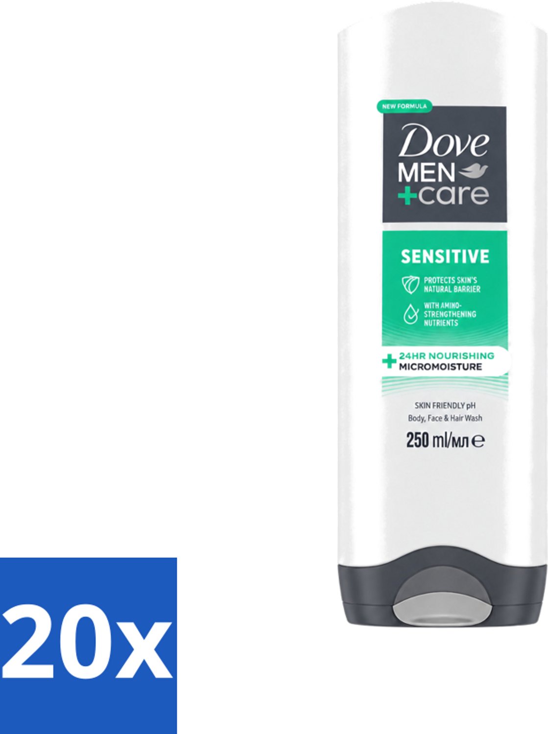 20 x Dove Men+Care - Sensitive - Douchegel 3-in-1 - Verzorgend - 250 ml - Voordeelverpakking - 20 stuks