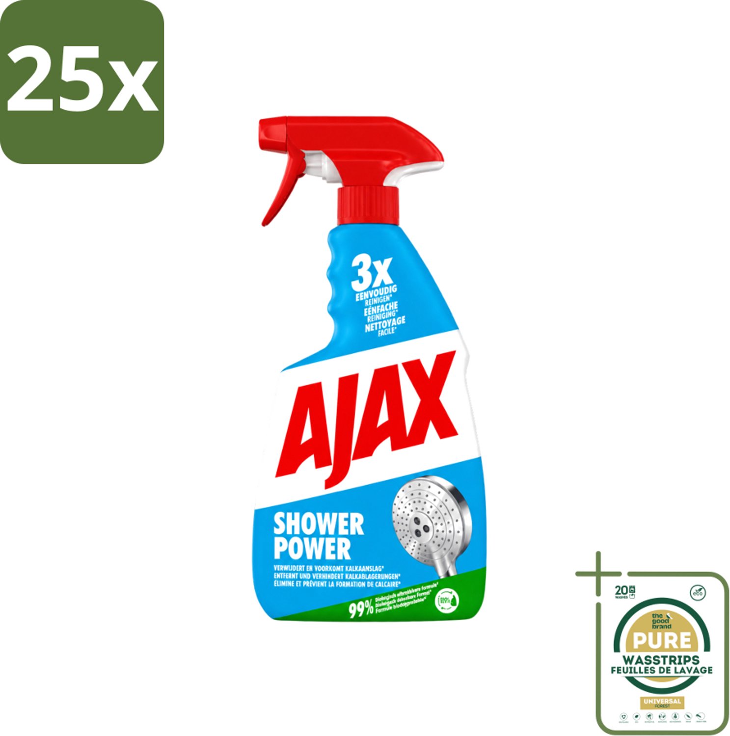 25 x Ajax – Spray – Shower Power – 750 ml - Wasstrips - Badkamer Reinigen - Kalkaanslag Verwijderen - Zeepresten Verwijderen - Douchewand Reinigen - Badkuip Reinigen