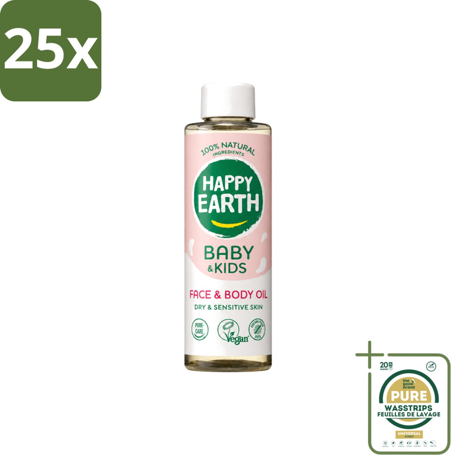 25 x Happy Earth – Face & Body Oil – 100% Natuurlijk Baby & Kids – 150 ml - Wasstrips - Babyolie - Gezichtsolie - Lichaamsoil - Natuurlijke Huidverzorging - Gevoelige Huid