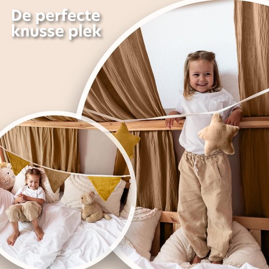 LILIMAUS Huisbed hemeltje met gouden details - bedhemel voor huisbed - 67,5 x 270 cm - mousseline katoen - bruin — afbeelding 3