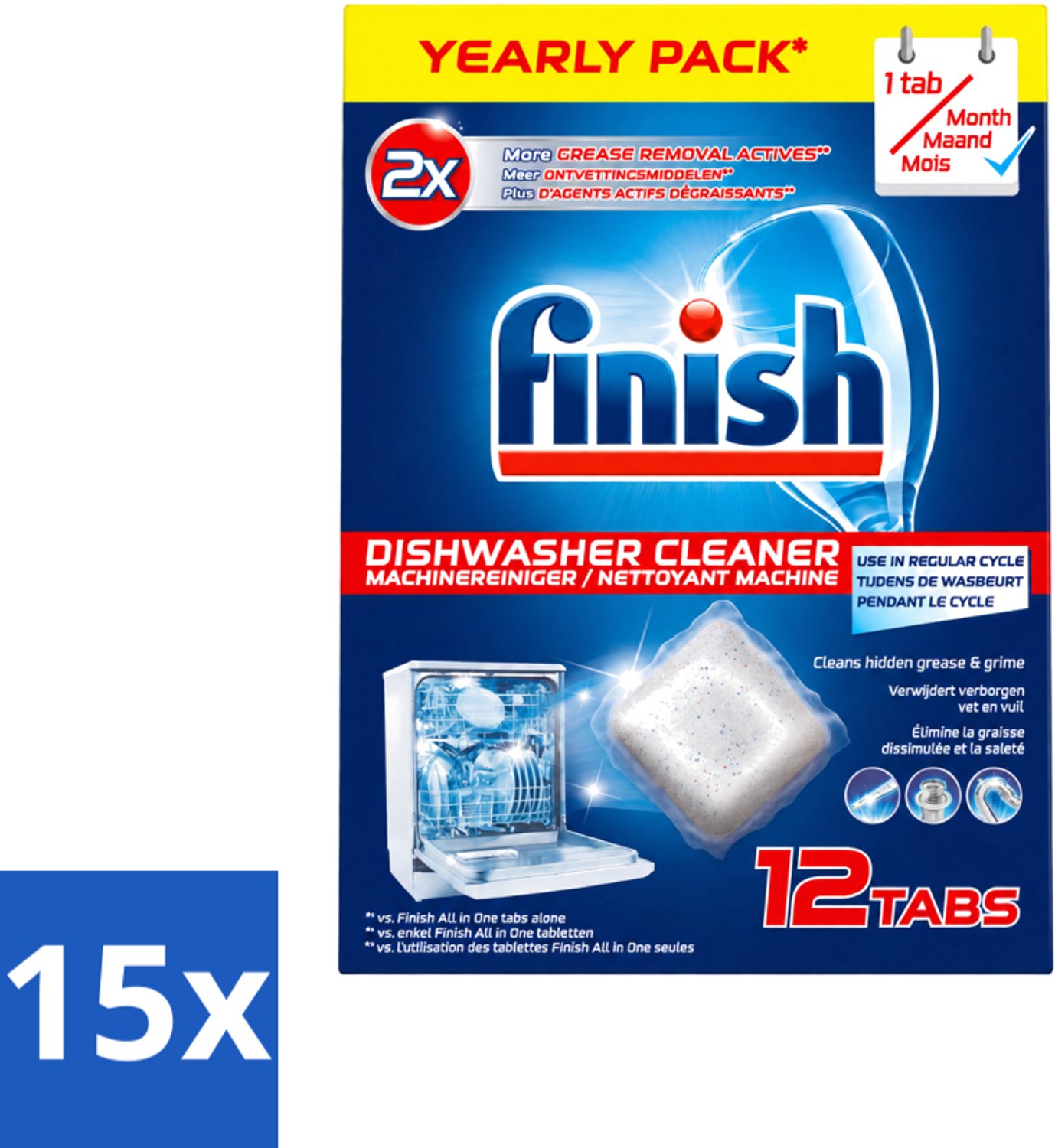 15 x Finish - Vaatwasmachinereiniger - Anti-Vet & Anti-Vuil - 12 Tabletten - Voordeelverpakking - 15 stuks