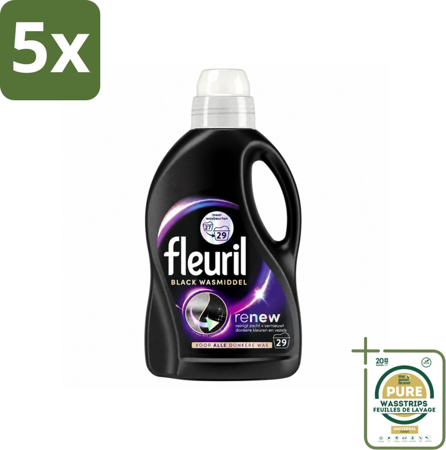 5 x Fleuril – Wasmiddel - Black – 29 wasbeurten – 1,305 L - Wasstrips - Wasmiddel Zwart - Kleurbehoud - Donkere Kleding - Anti-verkleuring - Wasmiddel Voor Zwart