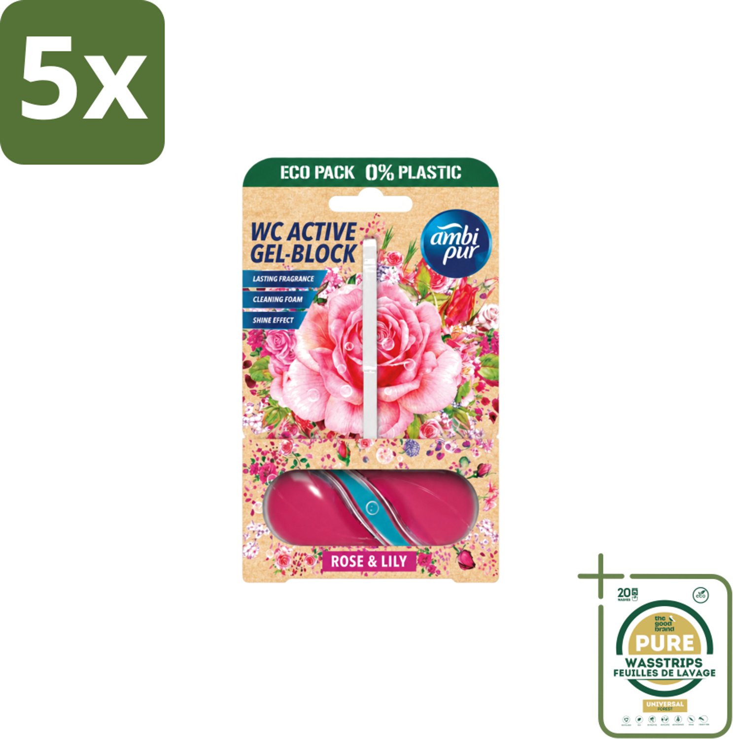 5 x Ambi Pur – Toiletblok – Roos & Lelie – 45 g - Wasstrips - Toiletblok Roos En Lelie - Frisse Geur Toilet - Reinigingsblok Toilet - Kalkaanslag Voorkomen - Schuimend Toilet