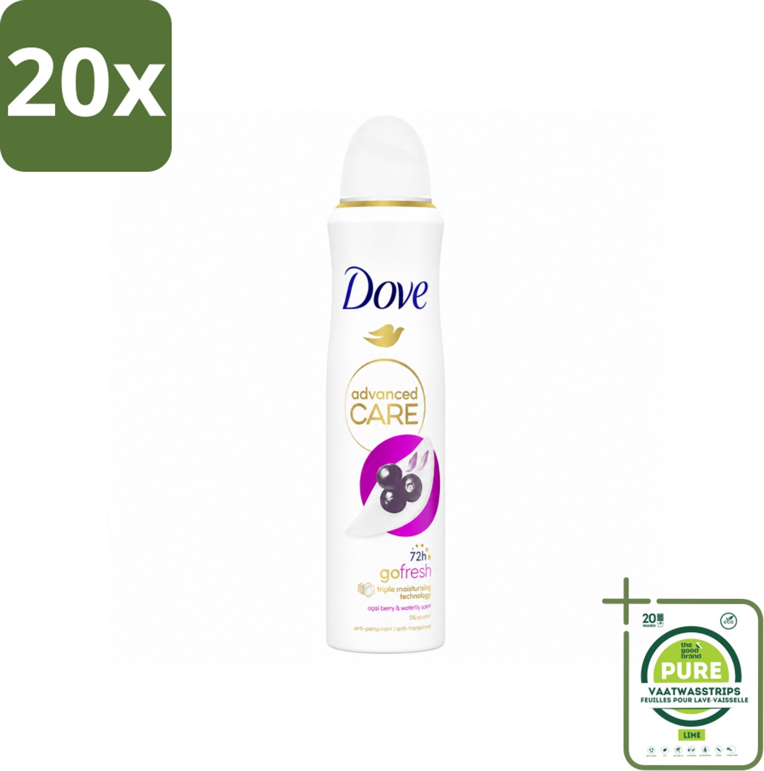 20 x Dove – Deodorant Spray – Acai Berry & Waterlily – 150 ml - Grootverpakking - Vaatwasstrips - Anti-transpirant - Deodorant Spray - Zweetvermindering - Geur - Huidbescherming