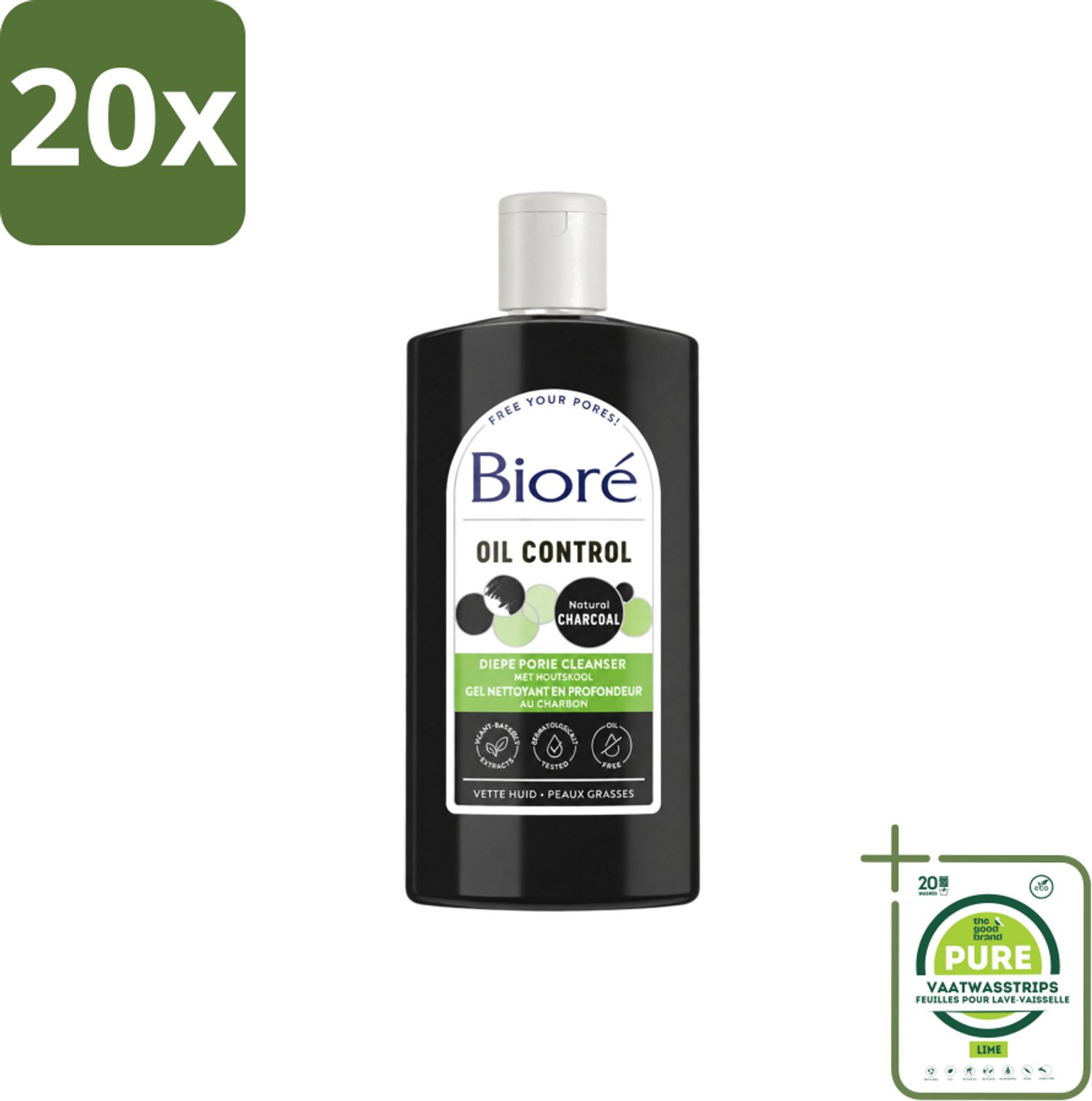 20 x Bioré – Houtskool Reinigingsgel – Gezichtsreiniger – 200 ml - Grootverpakking - Vaatwasstrips - Gezichtsreiniger - Houtskool - Diepe Reiniging - Vet Huid - Gecombineerde Huid