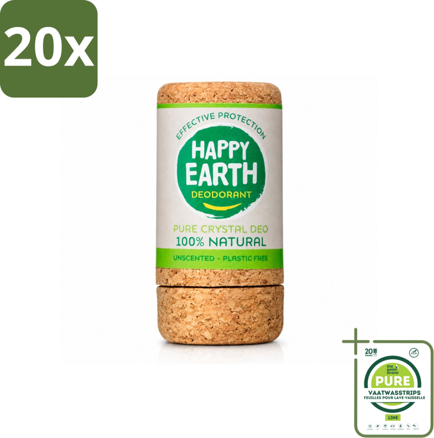 20 x Happy Earth – Deodorant Crystal – 100% Natuurlijk Unscented – 90 g - Grootverpakking - Vaatwasstrips - Geurloze Deodorant - Hypoallergene Deodorant - Natuurlijke Deodorant - Kristal Deodorant - Mineralen Deodorant