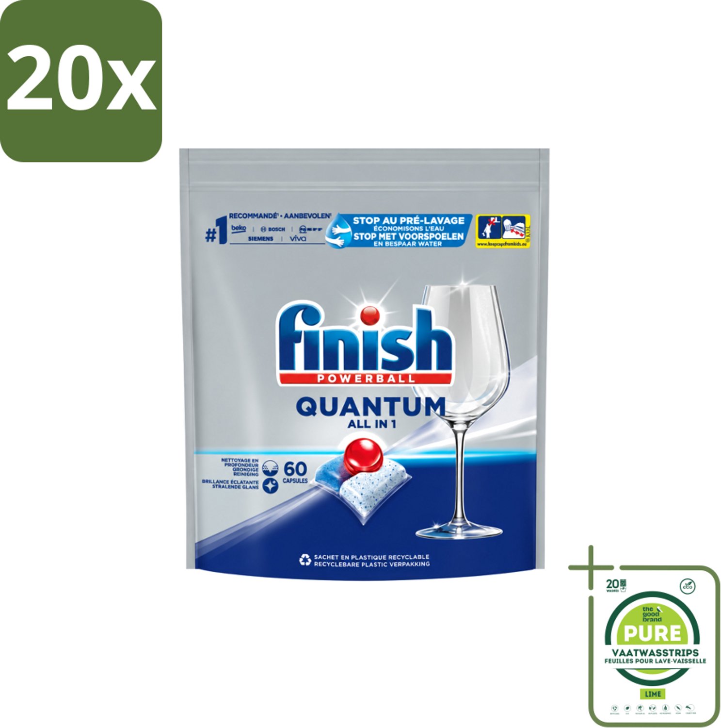 20 x Finish – Vaatwastabletten – Quantum All-in-1 – 60 Capsules - Grootverpakking - Vaatwasstrips - Vaatwastabletten - Vaatwassen - Reiniging - Glans - Vet Verwijderen