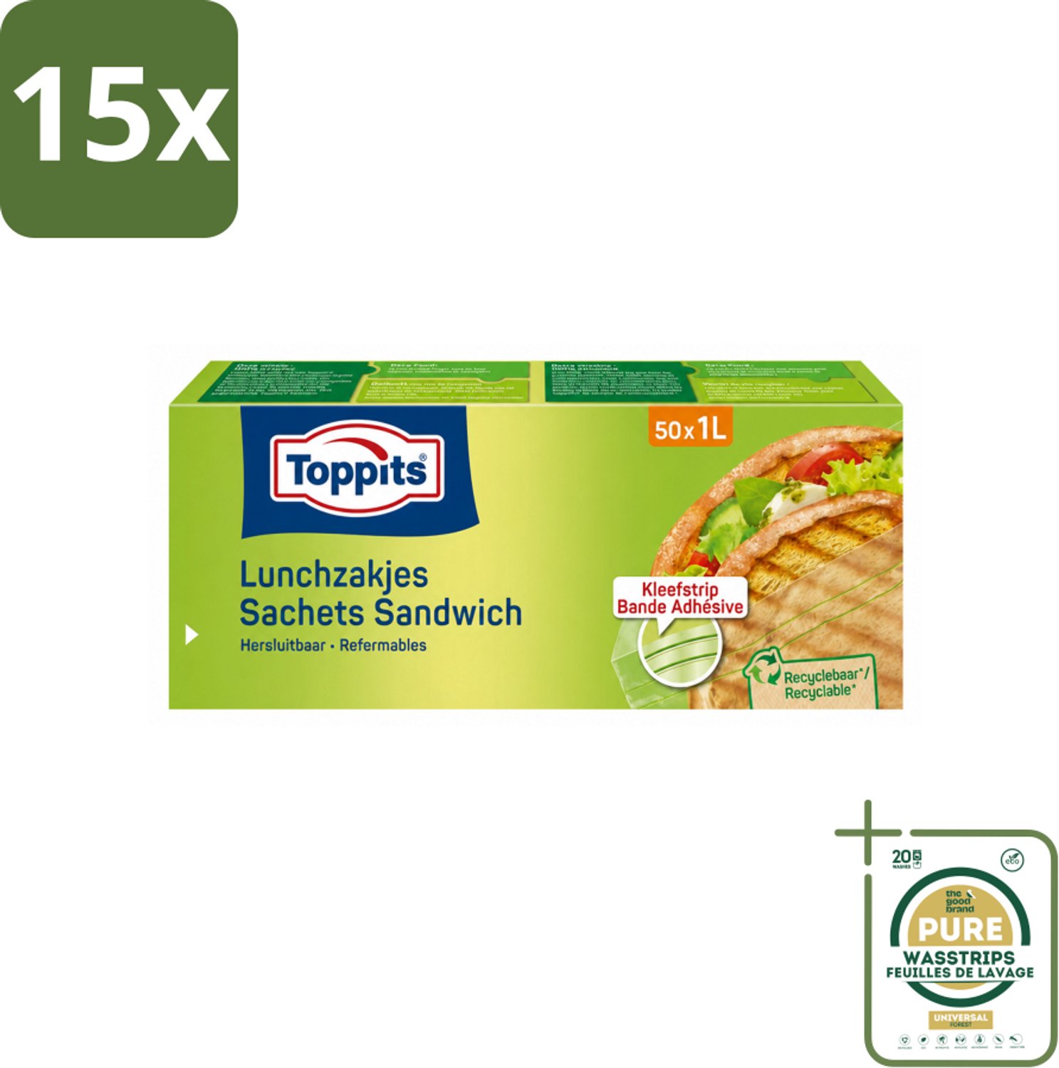 15 x Toppits – Lunchzakjes – Hersluitbaar – 1 Liter – 50 Zakjes - Wasstrips - Sandwichzakjes - Lunchzakjes - Versheid - Lekvrij - Hygiëne