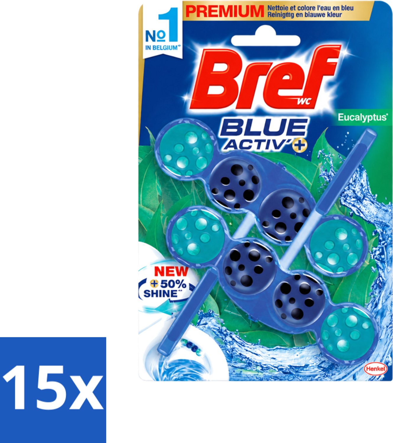 15 x Bref WC - Blue Activ' - Toiletblok - Eucalyptus - 2 Blokken - Voordeelverpakking - 15 stuks