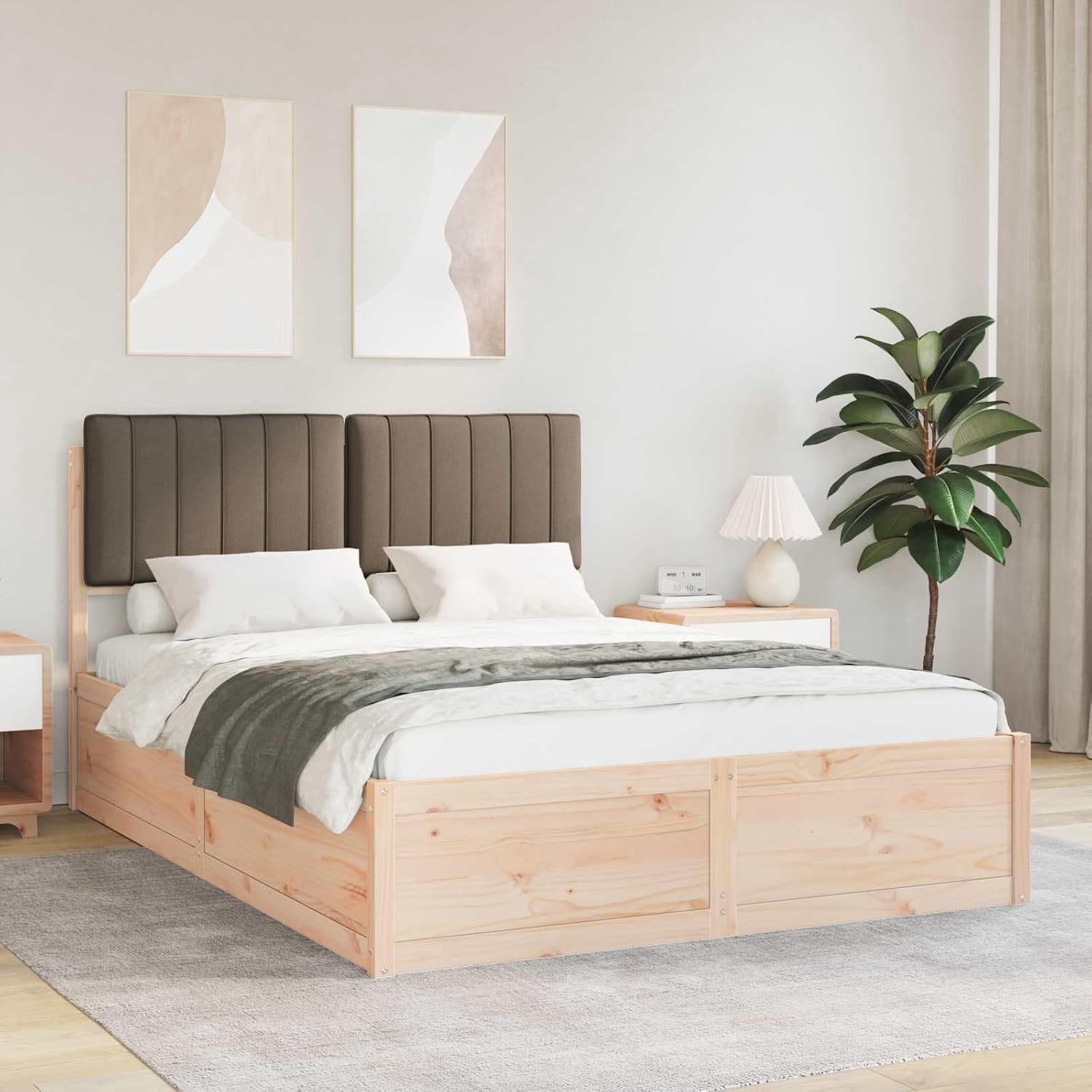 Grenenhouten Bedframe Gestoffeerd Hoofdbord Taupe 140x200 cm