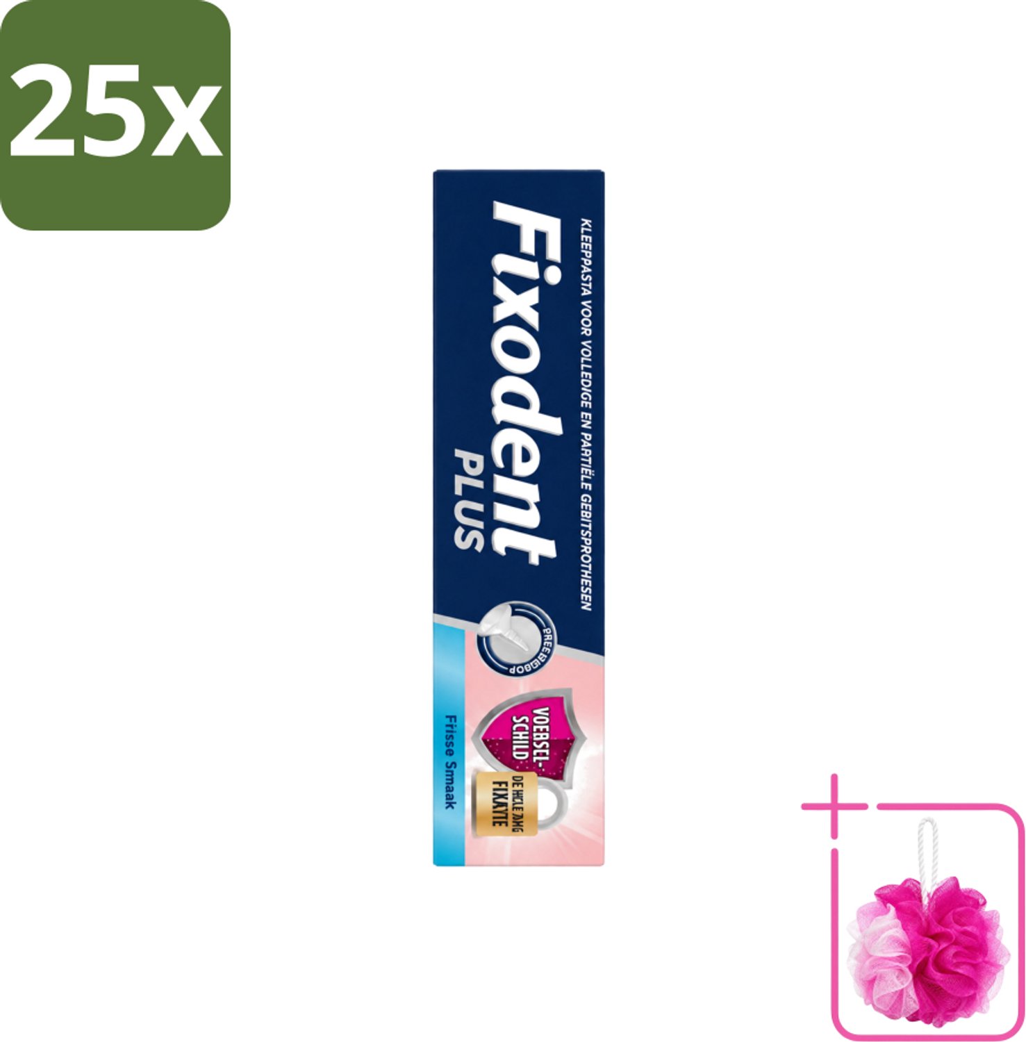 25 x Fixodent Plus – Kleefcrème – Food Barrier – Frisse Smaak – 40 g - Bulkverpakking - Kleefpasta kunstgebit - Douchemop - Voedselbarrière kunstgebit