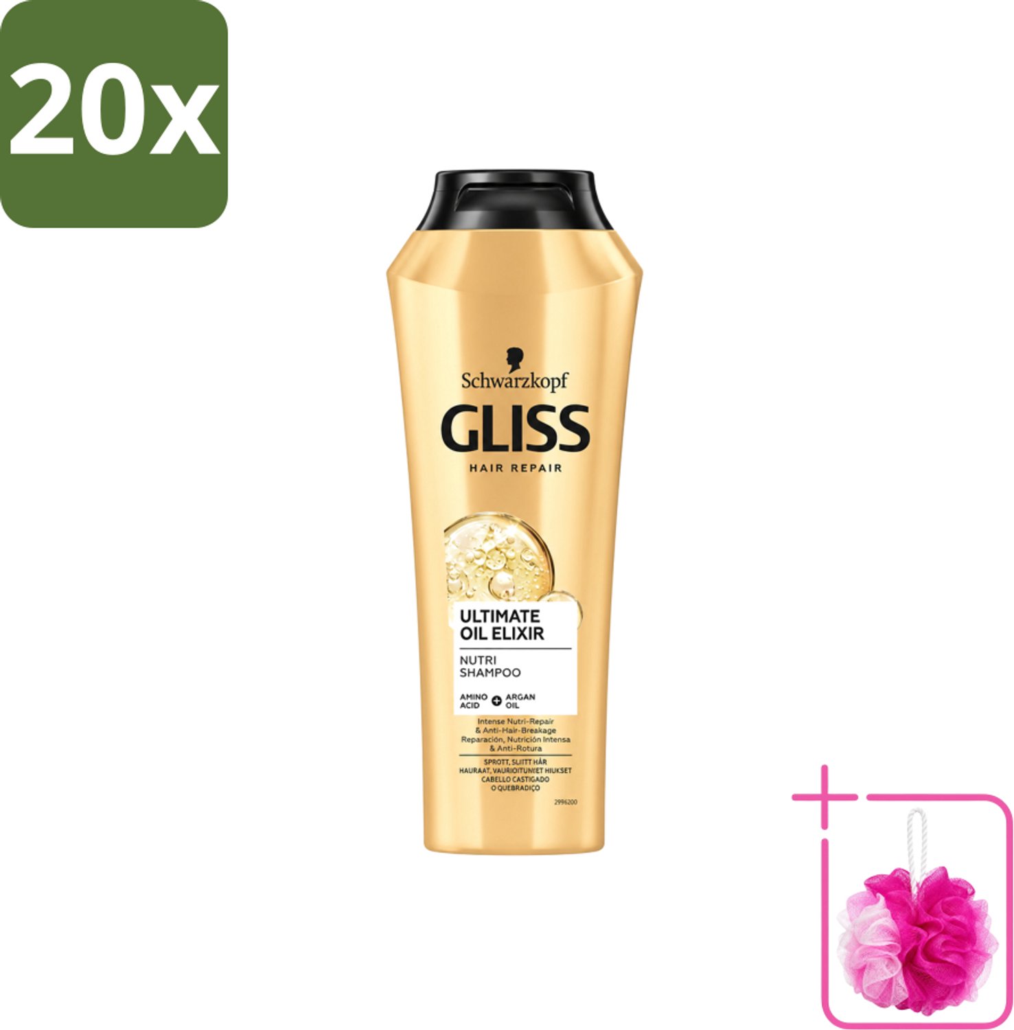 20 x Gliss Kur – Shampoo – Ultimate Oil Elixir – 250 ml - Bulkverpakking - Droog haar - Douchemop - Beschadigd haar
