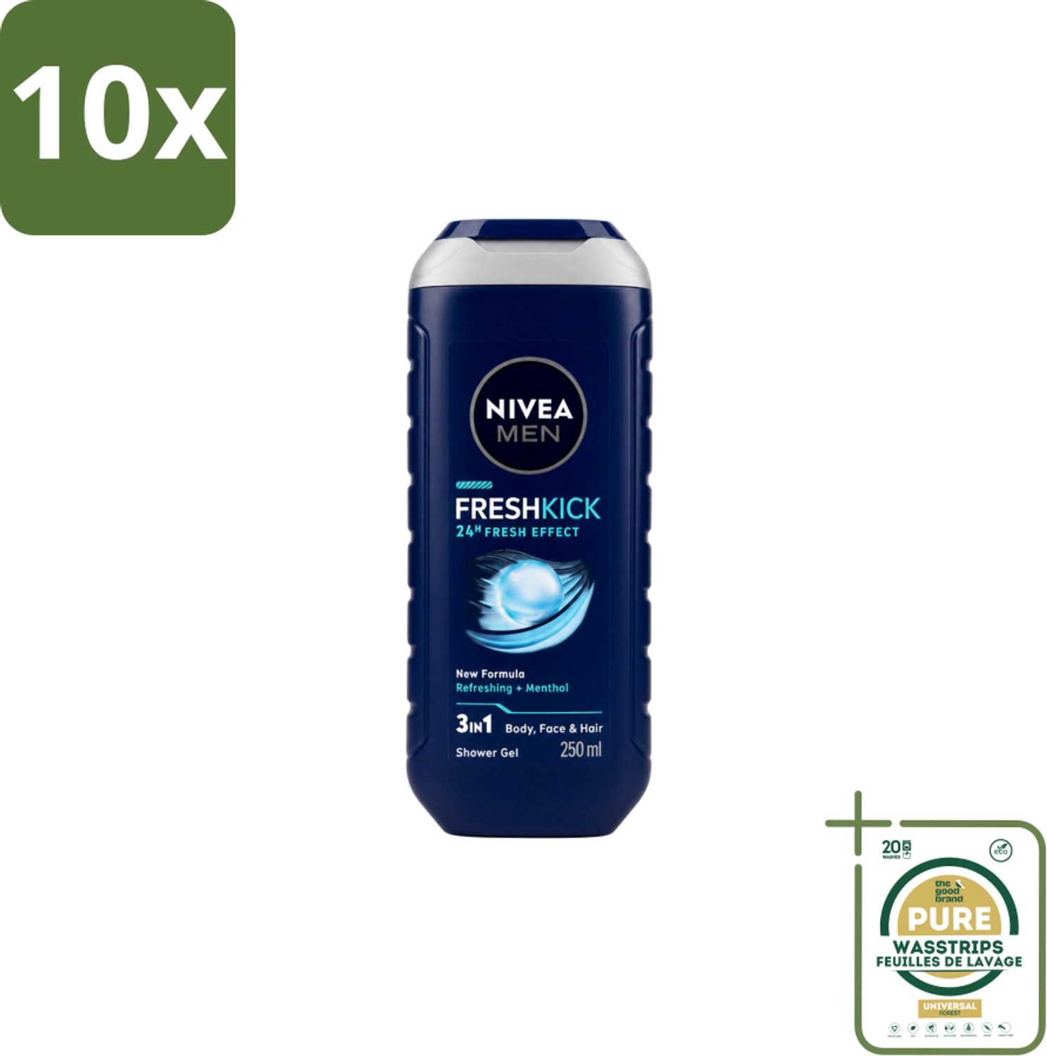 10 x Nivea Men – Douchegel – Fresh Kick – 250 ml - Wasstrips - Douchegel - Verfrissend - Munt - Verkoelend - Lichaam