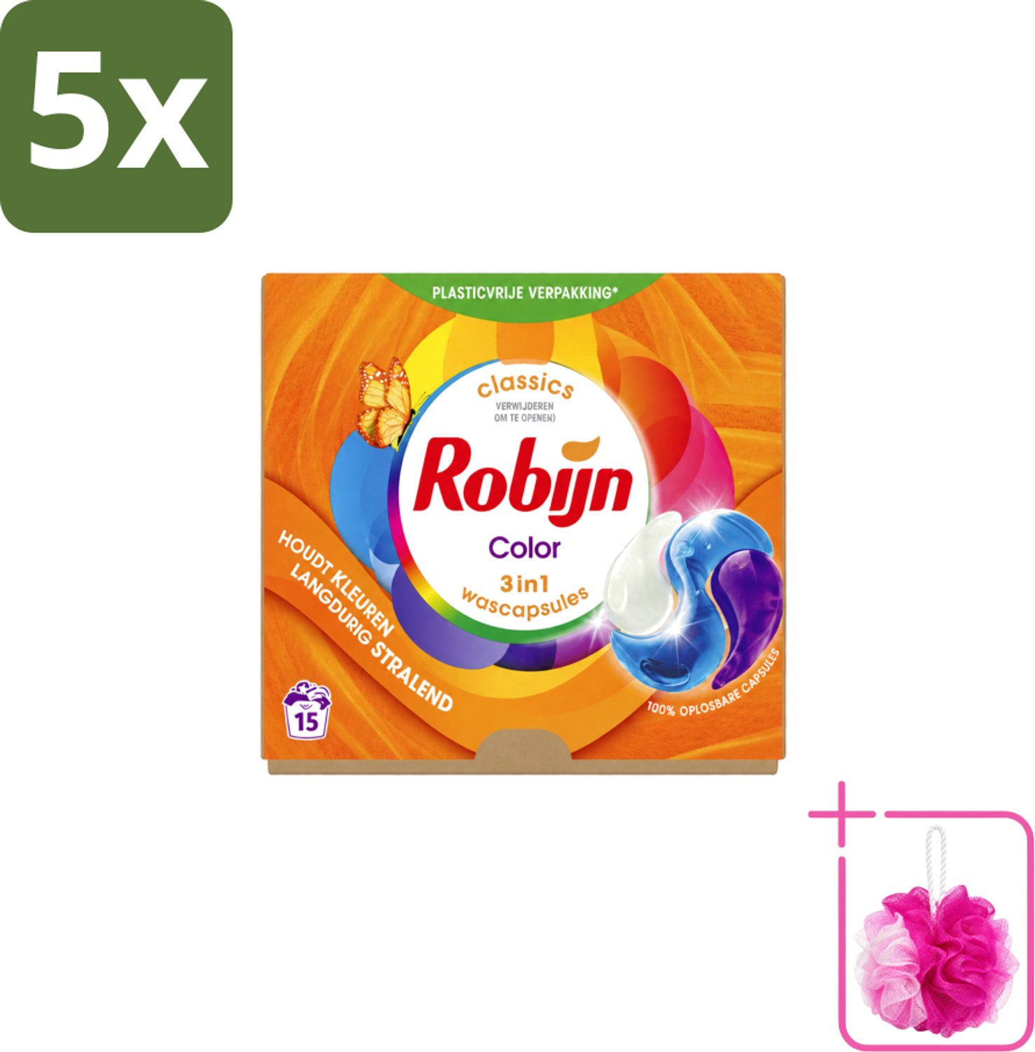 5 x Robijn – 3-in-1 Wascapsules – Color – 15 capsules - Bulkverpakking - Kleurbehoud - Douchemop - Wascapsules