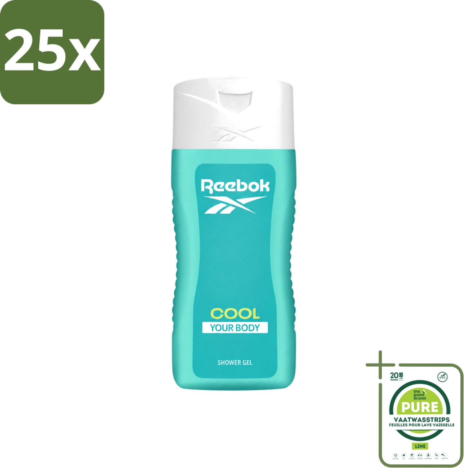 25 x Reebok - Cool Your Body - Douchegel - 400 ml - Grootverpakking - Vaatwasstrips - Douchegel - Menthol - Verkoeling - Frisse Geur - Aloe Vera