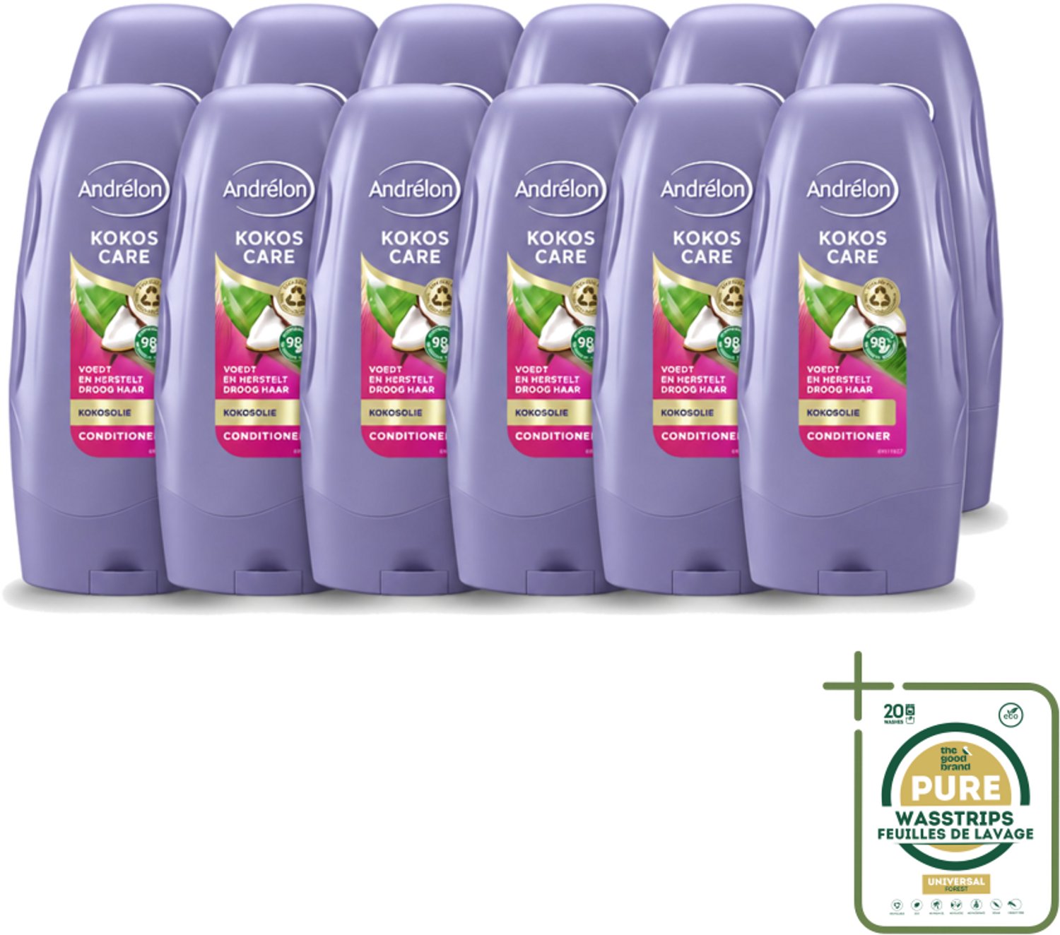 12 x Andrélon - Kokos Care - Conditioner - Diepe Hydratatie - 250 ml - Wasstrips - Droog Haar - Beschadigd Haar - Kokosolie - Kokosmelk - Hydraatatie