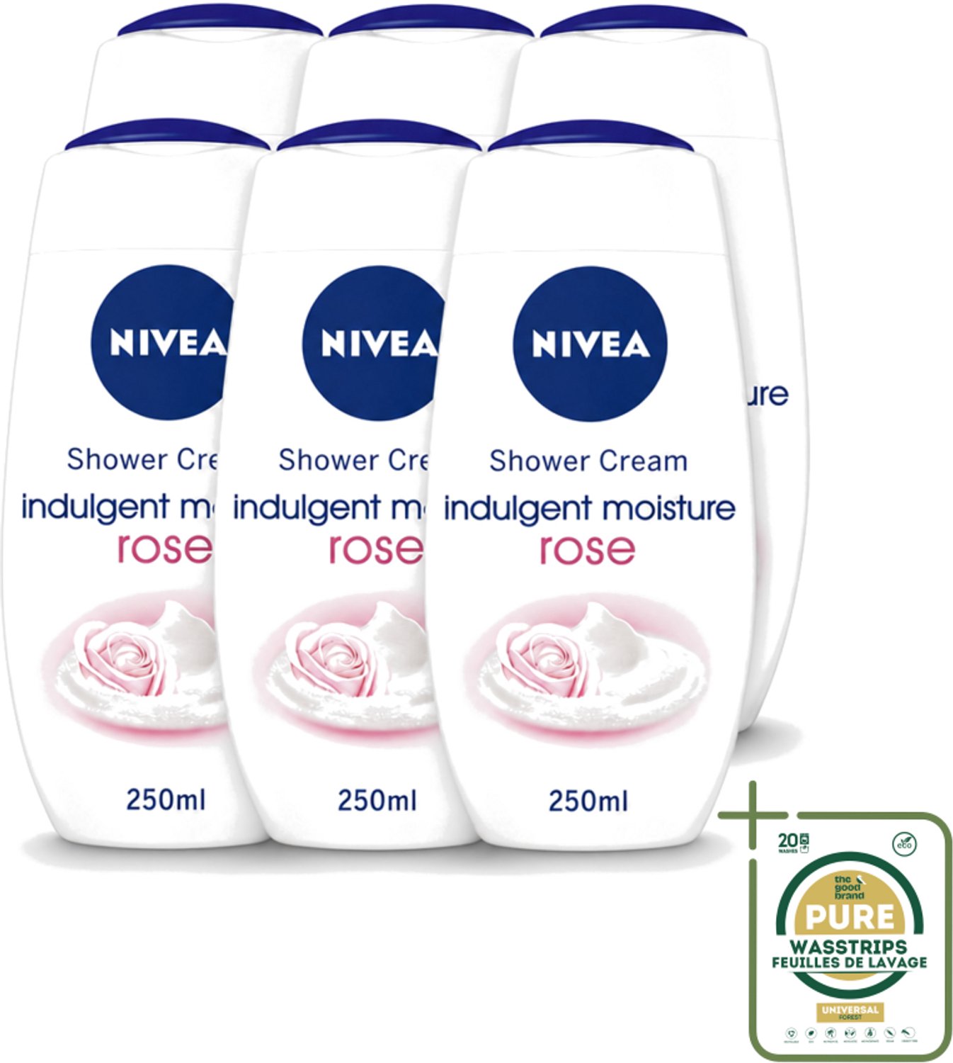 6 x Nivea - Shower Indulgent Moisture Rose Douchecrème - 250 ml - Wasstrips - Douchecrème - Amandelmelk - Rozengeur - Hydraterende Douchecrème - Zachte Huid