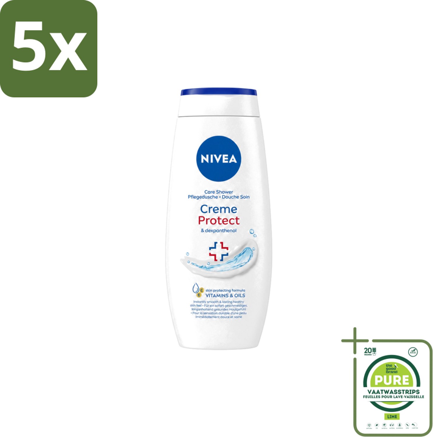 5 x Nivea – Douchecrème – Protect – 250 ml - Grootverpakking - Vaatwasstrips - Douchecrème - Huidverzorging - Huidbescherming - Vitamine C - Vitamine E