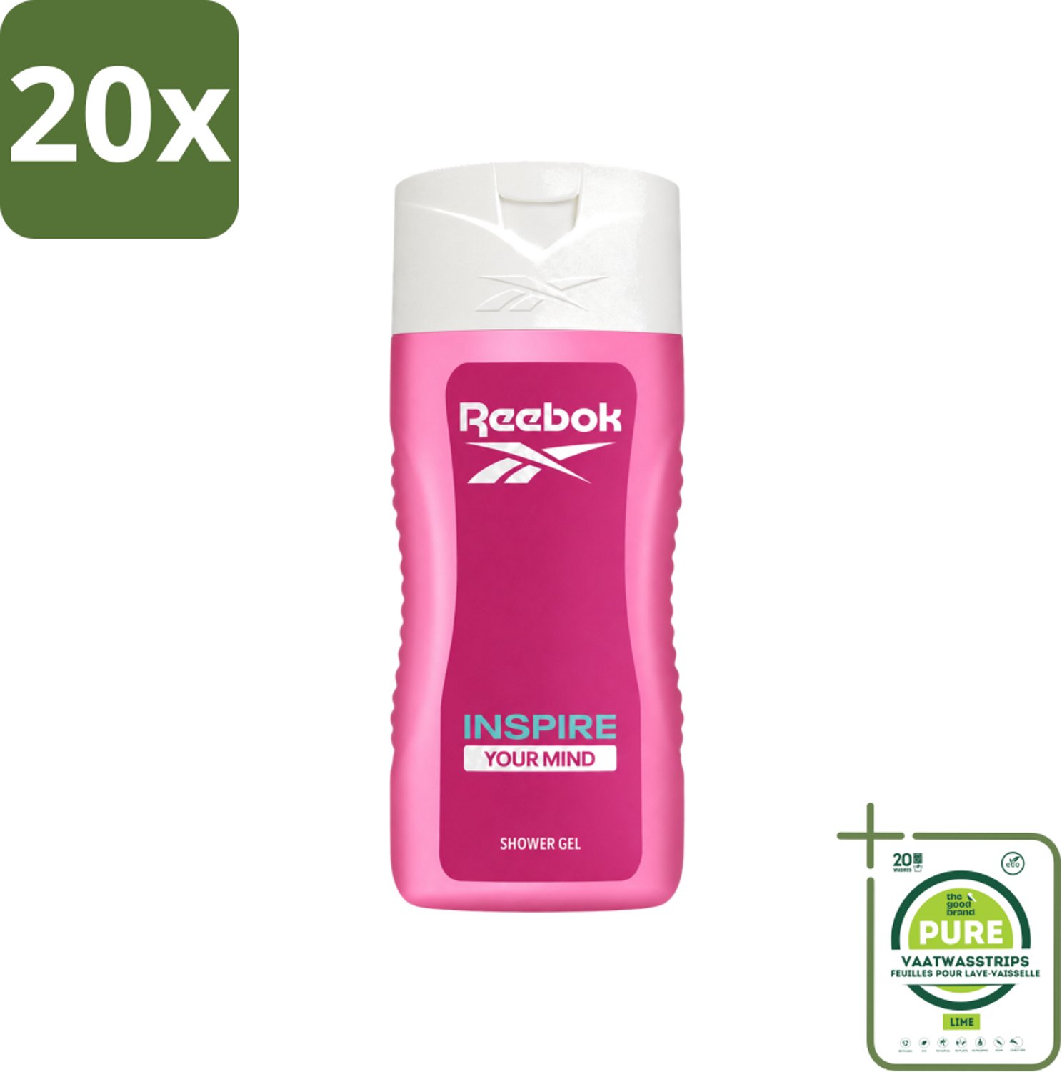 20 x Reebok - Inspire Your Mind - Douchegel - 400 ml - Grootverpakking - Vaatwasstrips - Douchegel - Verfrissende Geur - Huidverzorging - Energie - Inspiratie