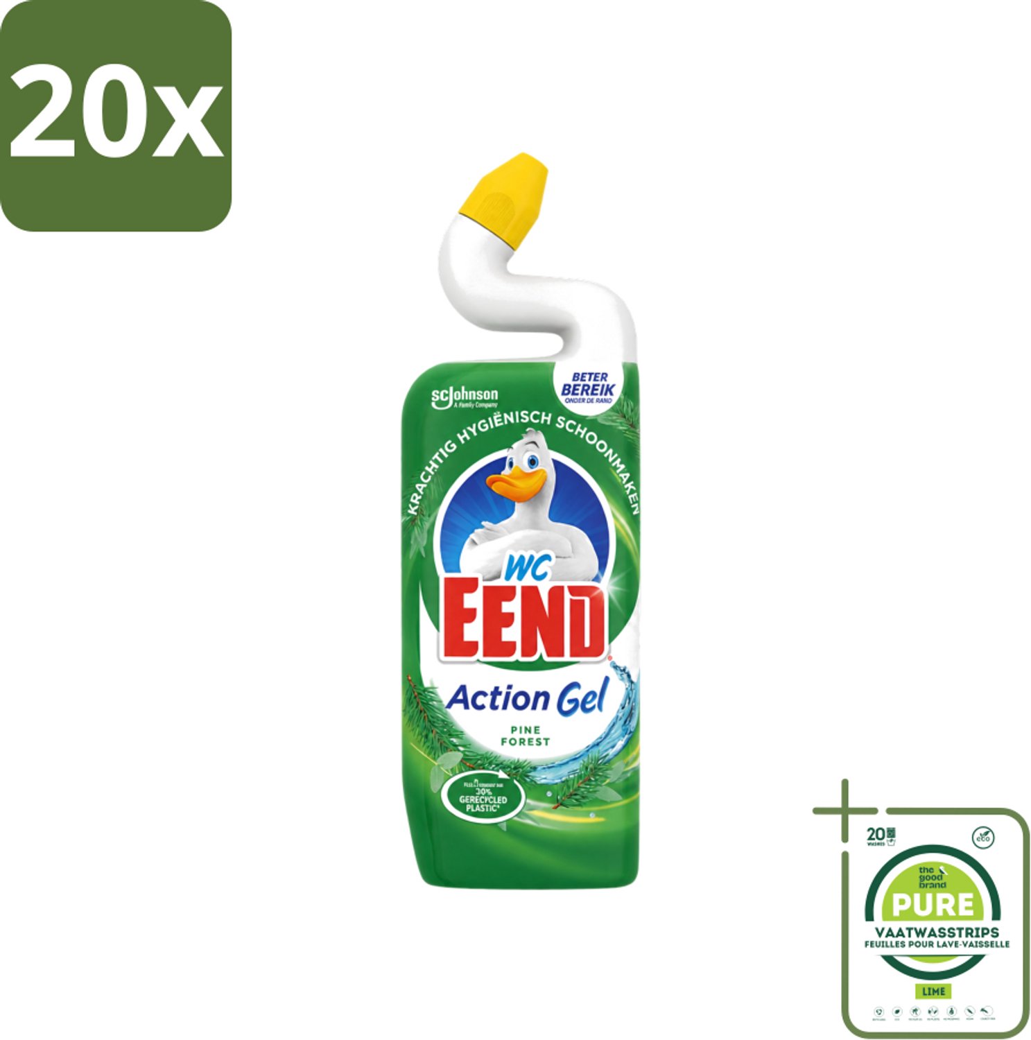 20 x WC Eend - Toiletreiniger - Action Gel - Pine Forest - Krachtige Reiniging & Frisse Dennengeur - 750 ml - Grootverpakking - Vaatwasstrips - Toiletreiniger - Reinigingsgel - Kalkverwijdering - Urinesteen - Fris Ruiken