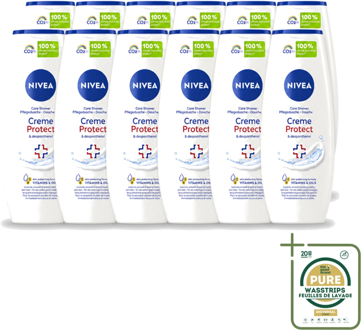 12 x Nivea - Douchegel - Crème Protect & Dexpantenol - Unieke Nivea Crème Geur - 250 ml - Wasstrips - Douchegel - Huidverzorging - Vitamine C - Vitamine E - Dexpanthenol