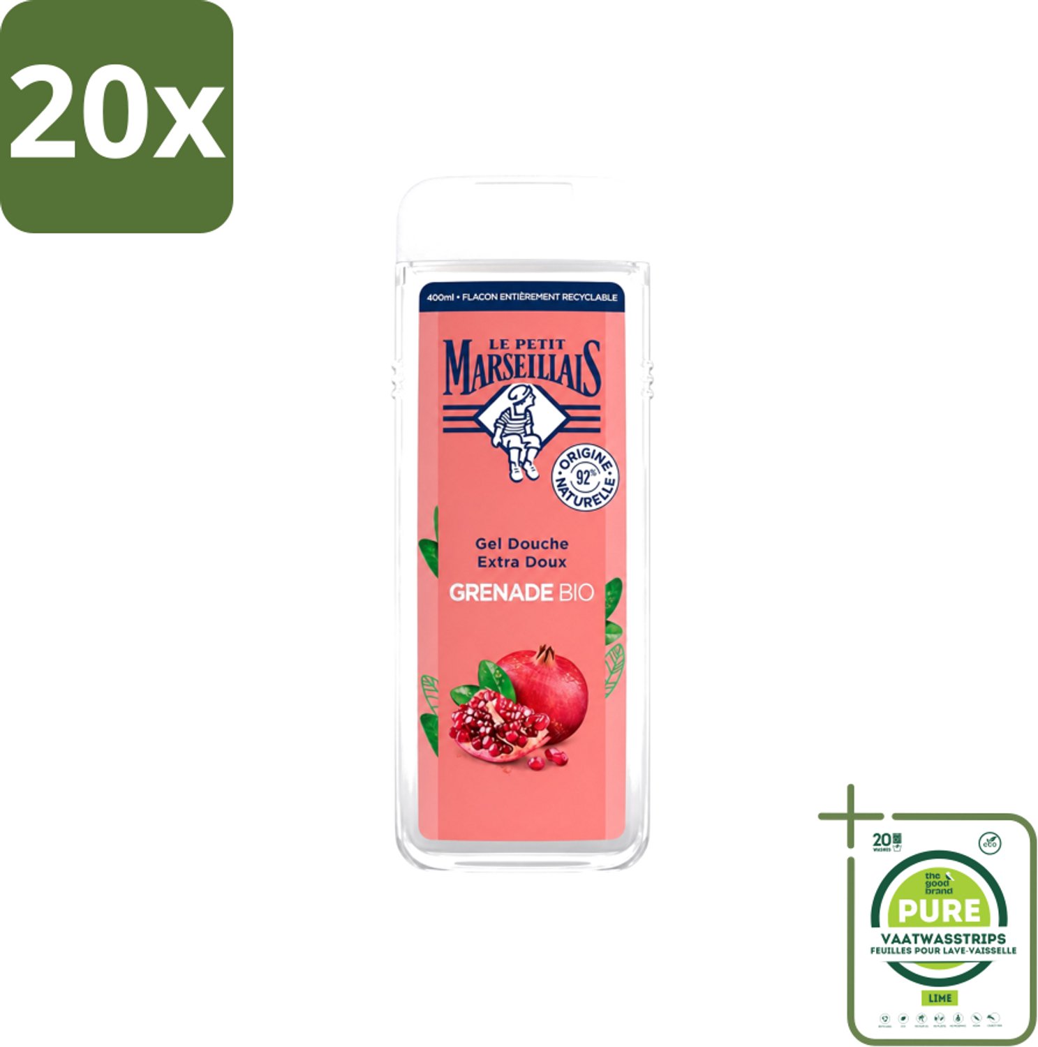 20 x Le Petit Marseillais – Douchegel – Grenade Bio – 400 ml - Grootverpakking - Vaatwasstrips - Douchegel - Biologische Douchegel - Granaatappel Geur - Natuurlijke Douchegel - Gezondheid