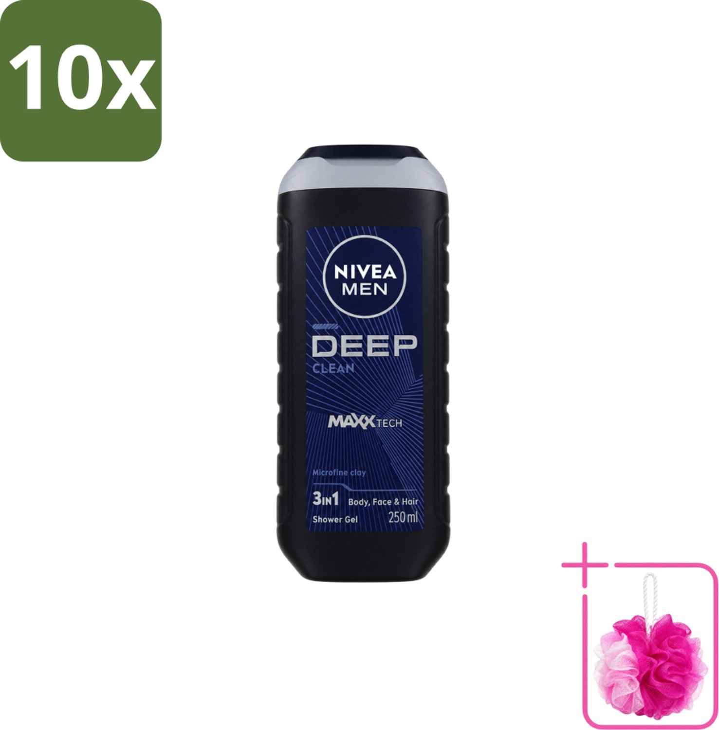 10 x Nivea Men – Douchegel – Deep Clean – 250 ml - Bulkverpakking - Douchegel - Douchemop - Diepe reiniging