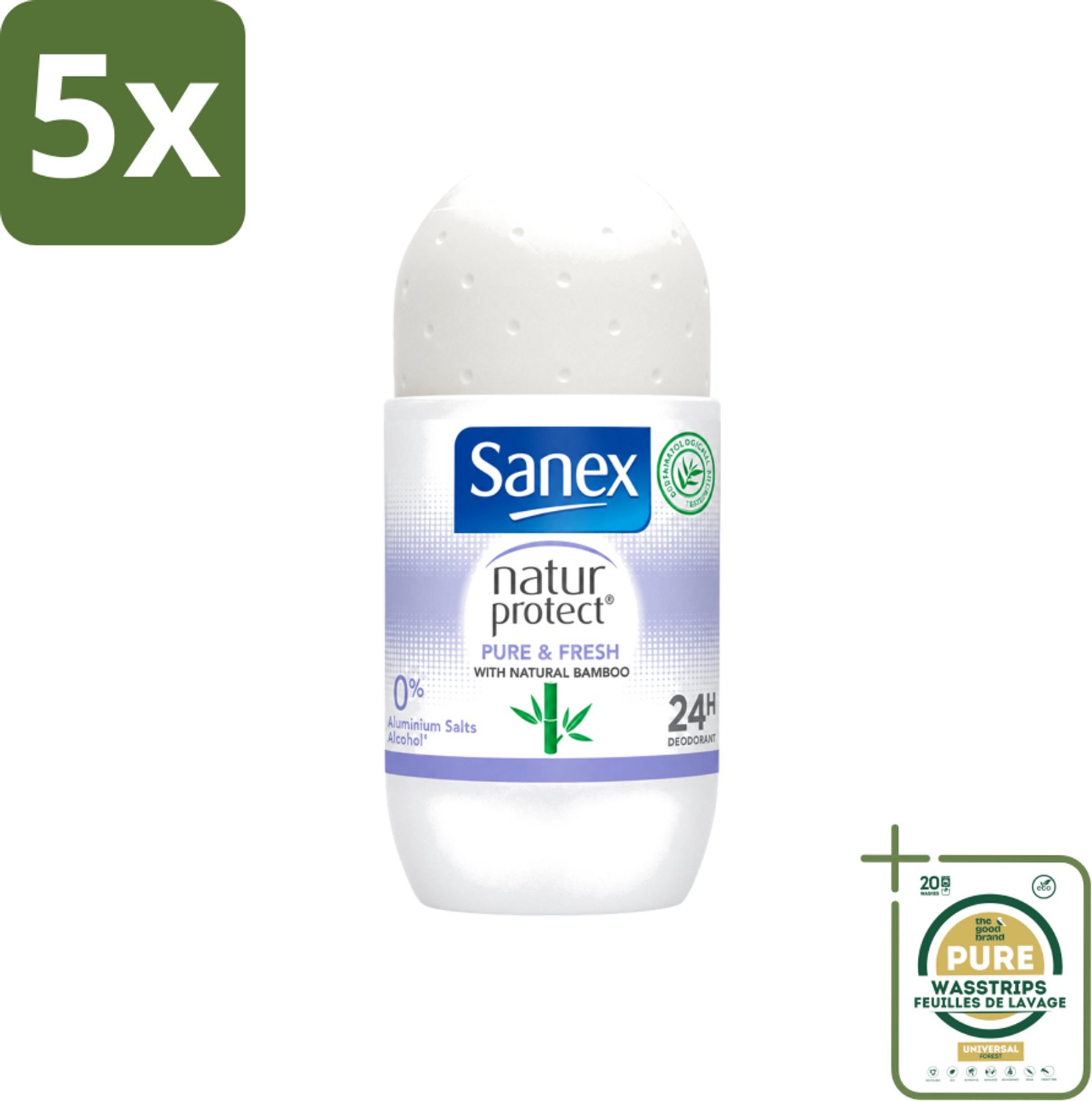 5 x Sanex Natur Protect - Deodorant Roller - Puur & Fris - Met Nattuurlijke Bamboo - 50 ml - Wasstrips - Natuurlijke Deodorant - Bamboe Deodorant - Fris Gevoel - Vochtabsorberend - Aluminiumvrij