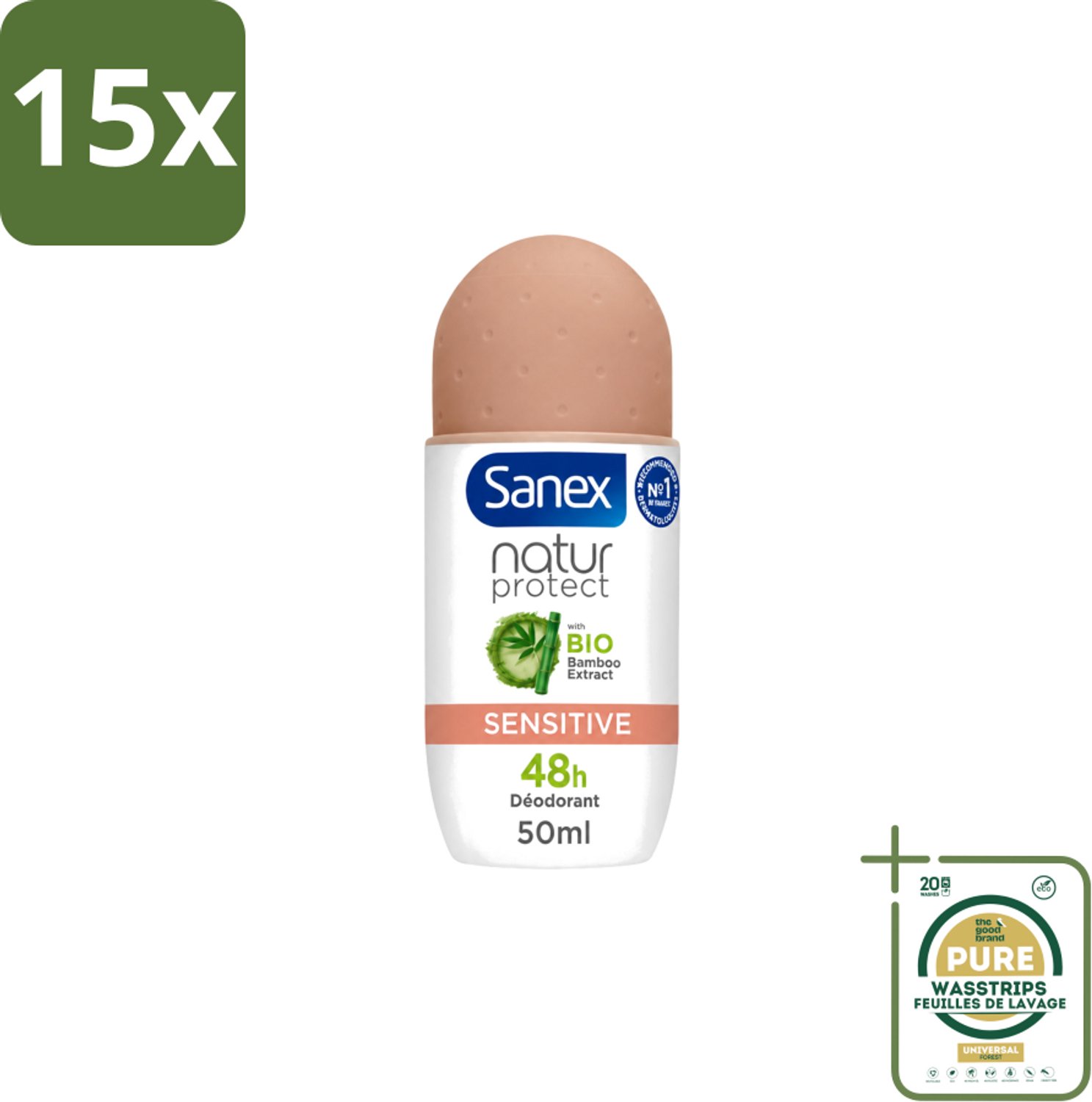 15 x Sanex – Deodorant Roll-On – Natur Protect Sensitive – 50 ml - Wasstrips - Gevoelige Huid - Deodorant Roll-on - Natuurlijke Bescherming - Milde Deodorant - Frisheid