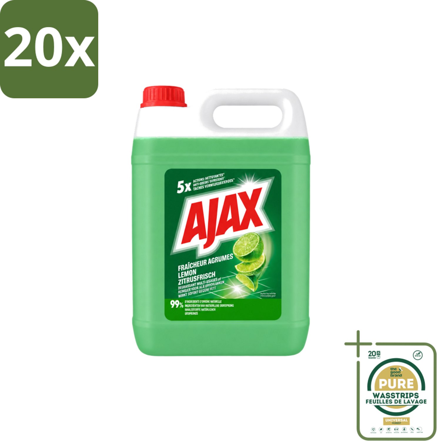 20 x Ajax – Allesreiniger – Limoen – 5000 ml - Wasstrips - Allesreiniger Limoen - Krachtige Reiniger - Vet Verwijderen - Frisse Geur - Biologisch Afbreekbaar